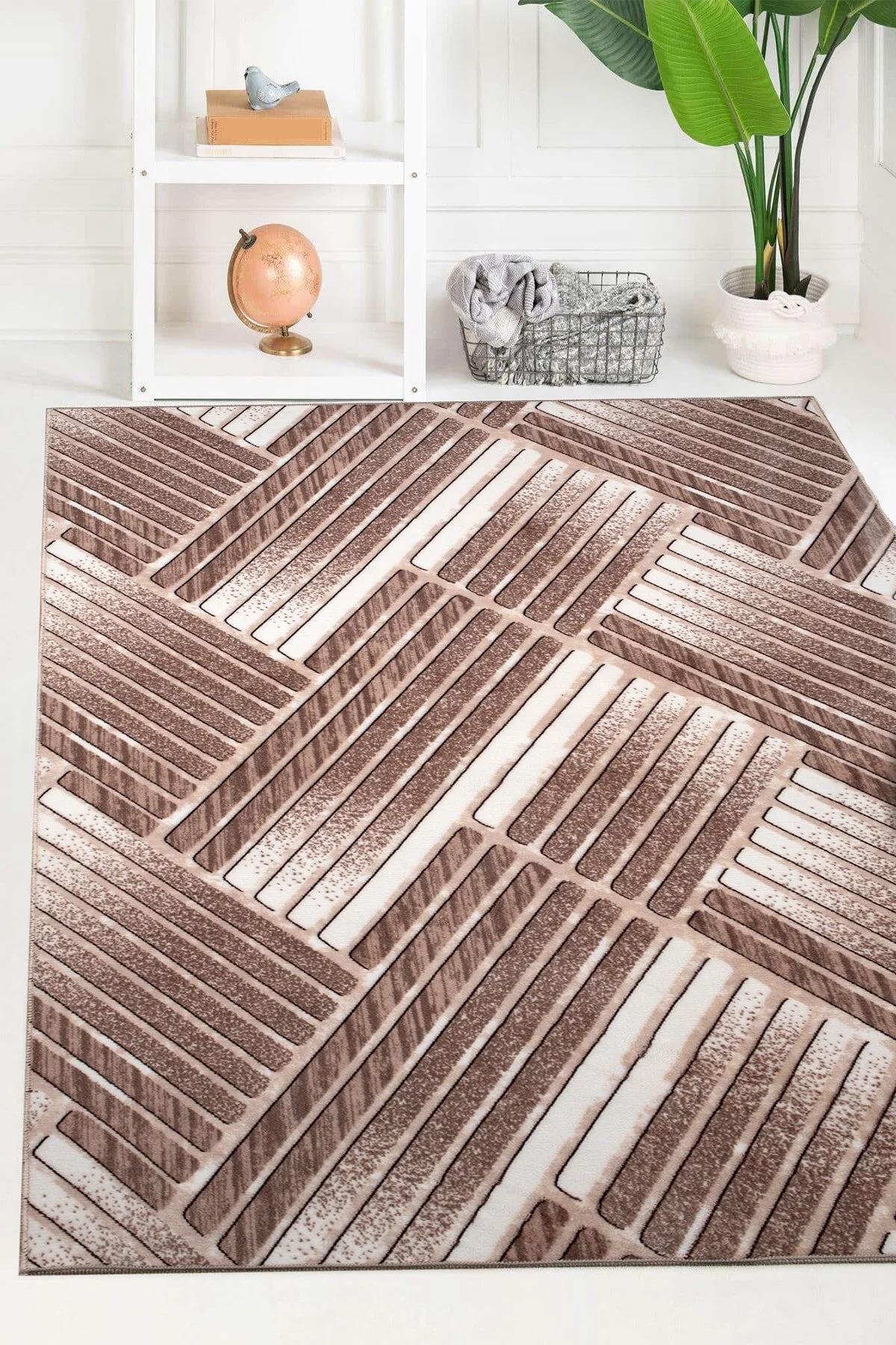 Inter Weaving Kahverengi 7 mm Polyester Yıkanabilir İnce Kaymaz Taban Dikdörtgen Makine Dokuma Salon Halısı 60x110 cm