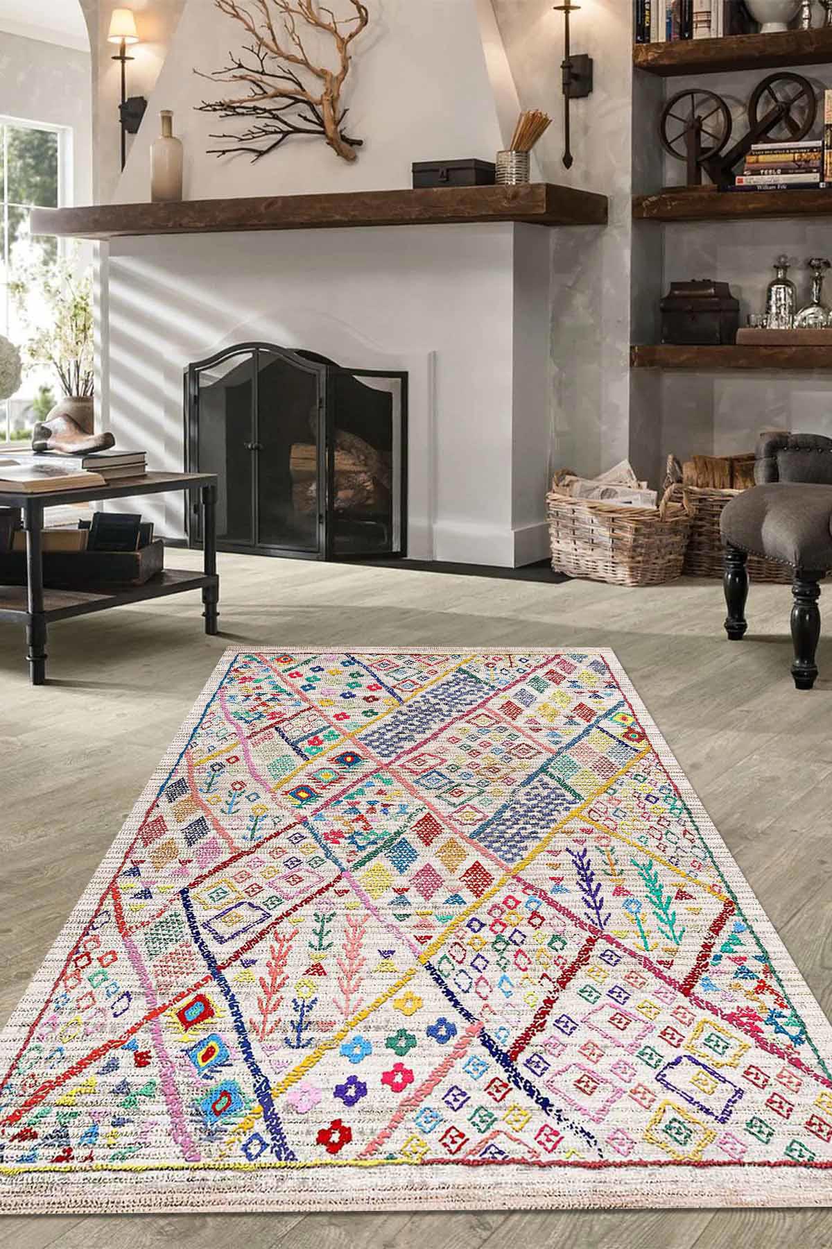 Aida Home Boujdor Krem 0.5 mm Pamuk Antibakteriyel Yıkanabilir İnce Kaymaz Pamuk Taban Dikdörtgen Makine Dokuma Salon Halısı 80x200 cm