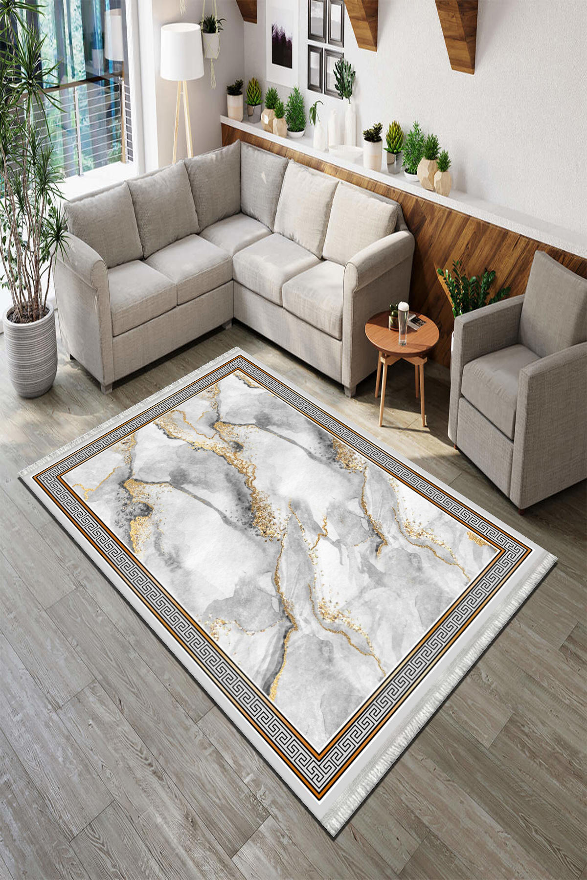 Roslyn Home Beyaz 6 mm Polyester Antibakteriyel Yıkanabilir İnce Kaymaz Dot Taban Doğa Temalı Dikdörtgen Makine Dokuma Salon Halısı 120x180 cm