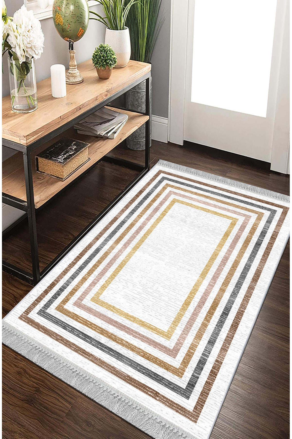 Artizon ART242 Bej 0.8 mm Polyester Toz Tutmaz Yıkanabilir İnce Kaymaz Dot Taban Dikdörtgen Makine Dokuma Salon Halısı 210x210 cm
