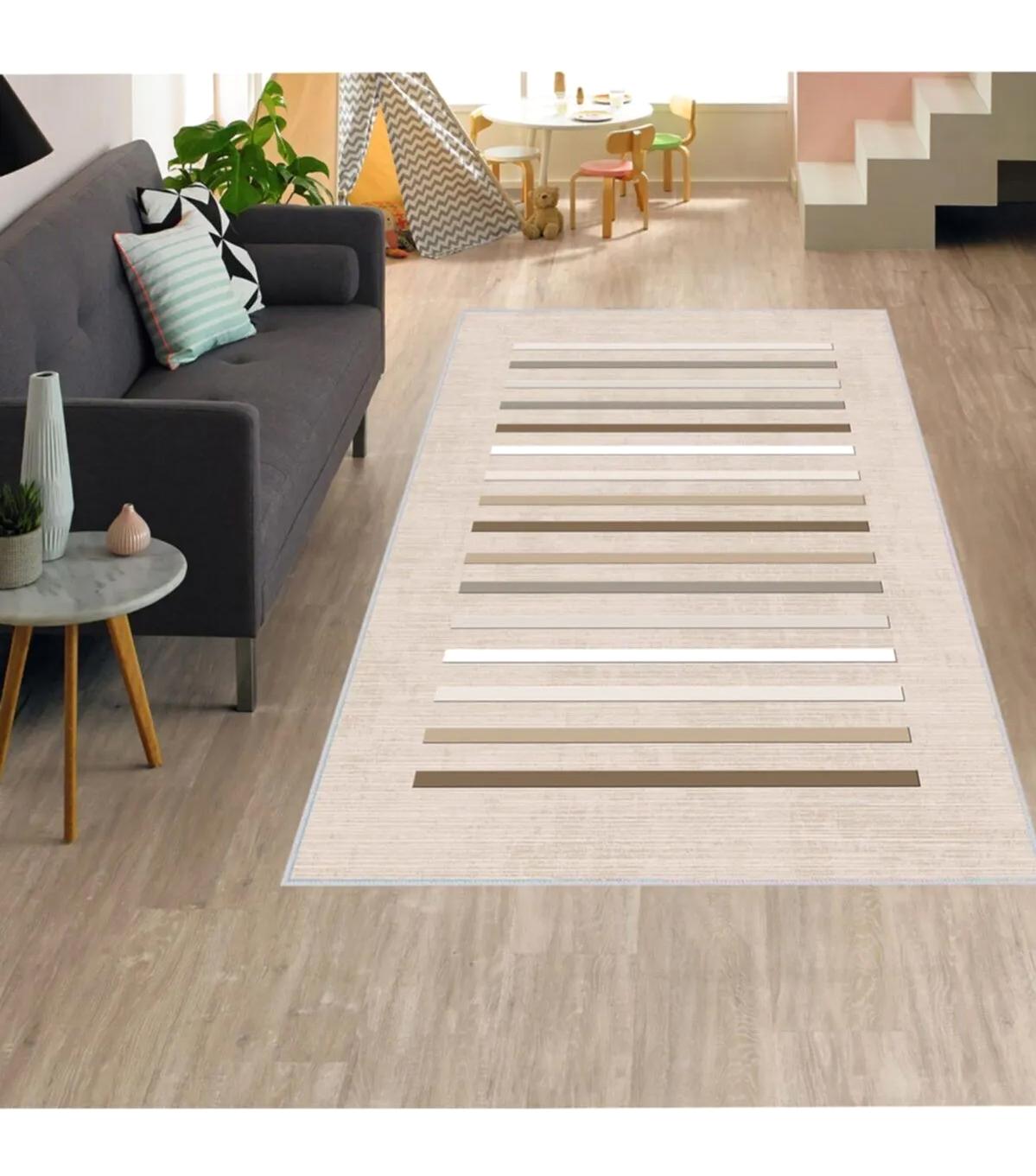 Rovigo Home RVG1308 Krem 8 mm Polyester Antibakteriyel-Leke Tutmaz-Toz Tutmaz Yıkanabilir İnce Kaymaz Dot Taban Dikdörtgen Makine Dokuma Salon Halısı 80x200 cm