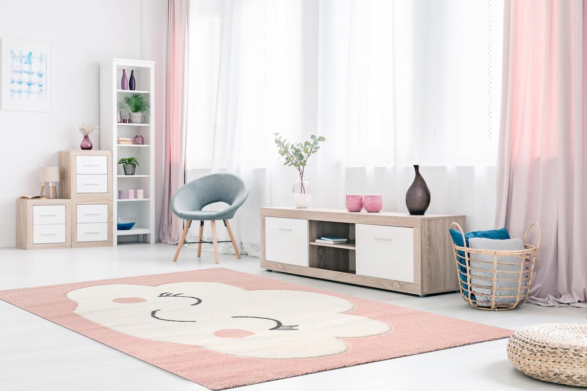 Petra Home Living Pembe 8 mm Antibakteriyel Yıkanabilir Orta Kaymaz Dot Taban Bulut Desenli Dikdörtgen Makine Dokuma Çocuk Odası Halısı 120x200 cm
