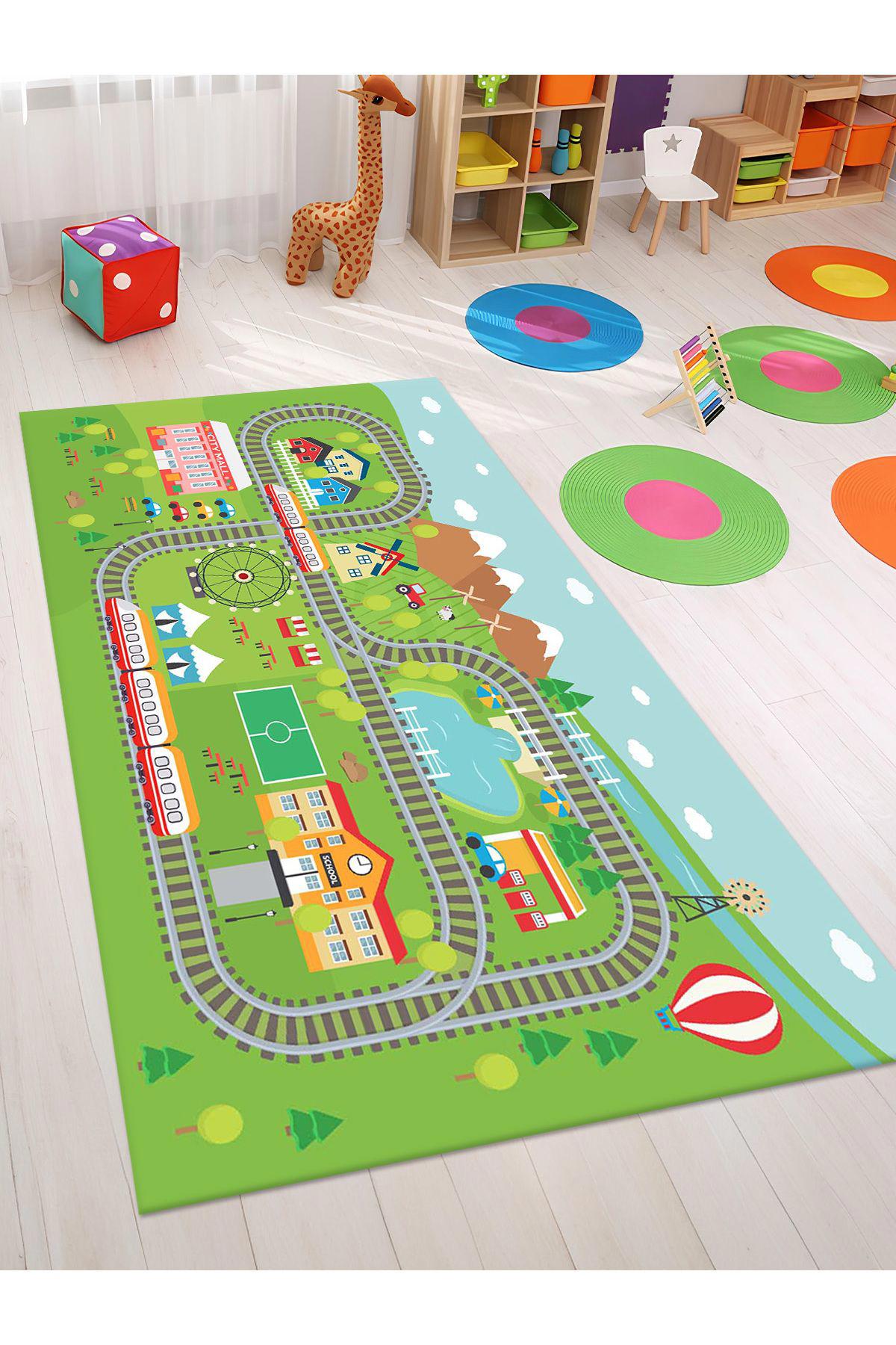 İnspira Çok Renkli 12 mm Polyester Antibakteriyel Yıkanabilir İnce Kaymaz Dot Taban Dikdörtgen Makine Dokuma Çocuk Odası Halısı 60x190 cm