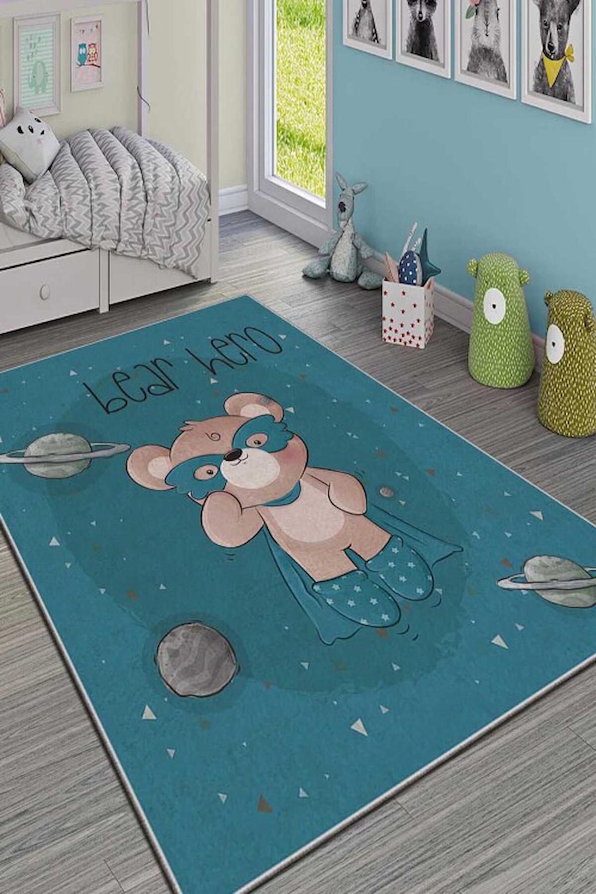 Homefesto Krem 5 mm Polyester Leke Tutmaz Yıkanabilir İnce Kaymaz Taban Hayvan Desenli Dikdörtgen Makine Dokuma Çocuk Odası Halısı 120x180 cm