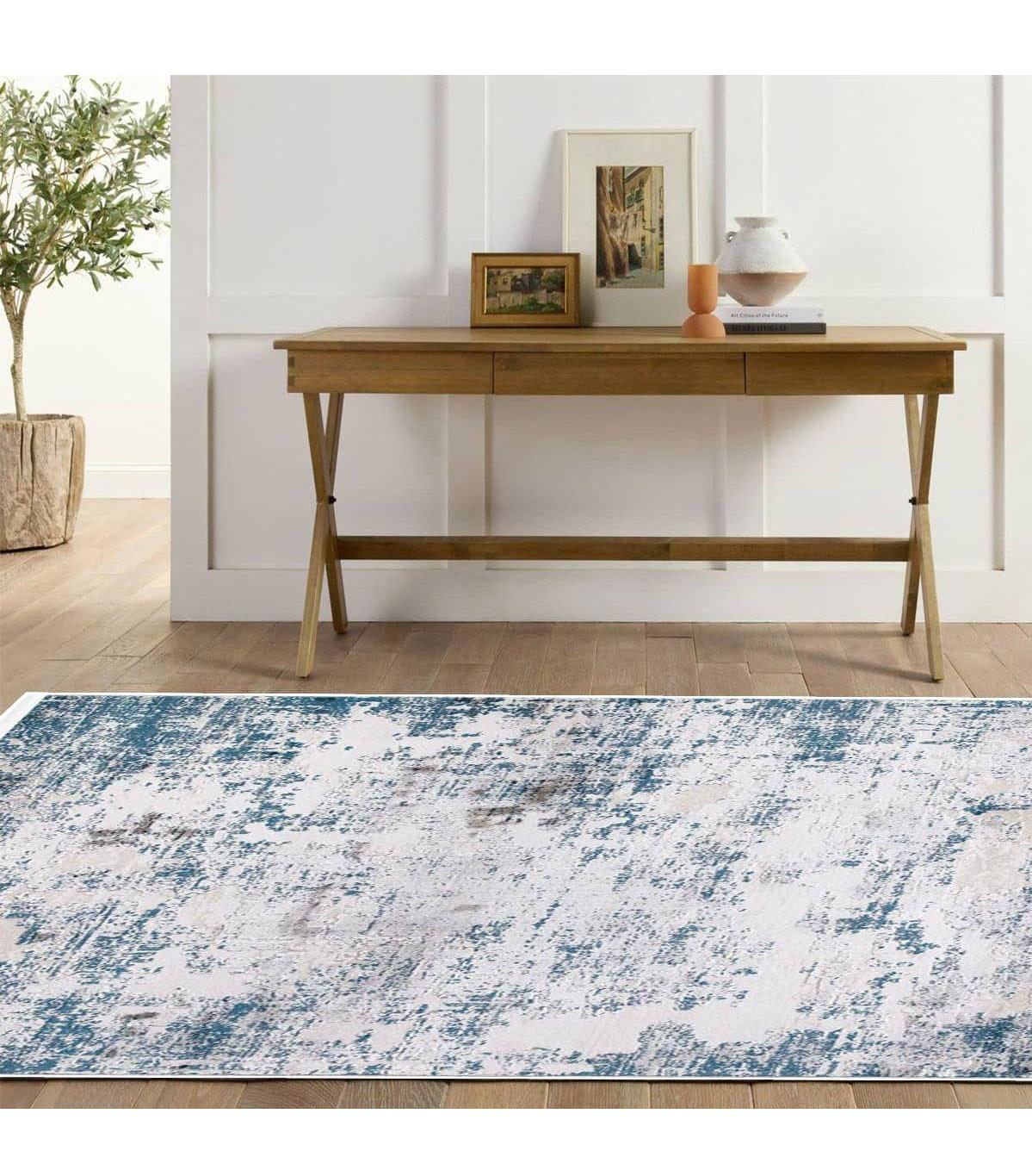 İpek Mekik Halı Gaspara Beyaz-Mavi 10 mm Akrilik Yıkanabilir Orta Kaymaz Pamuk Taban Dikdörtgen Makine Dokuma Antre-Çocuk Odası-Salon-Yatak Odası Halısı 120x180 cm