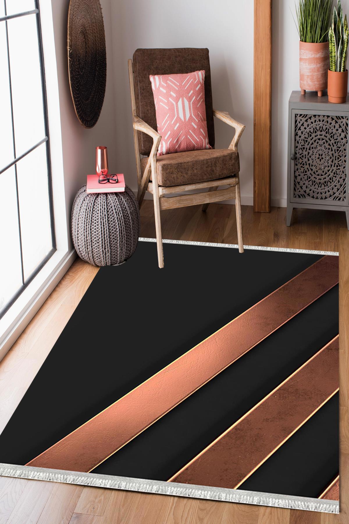 Enbe Collection E-MD0147 Kiremit - Turkuaz 5 mm Pamuk Silinebilir Yıkanabilir Orta Kaymaz Dot Taban Dikdörtgen Makine Dokuma Oturma Odası Halısı 140x200 cm