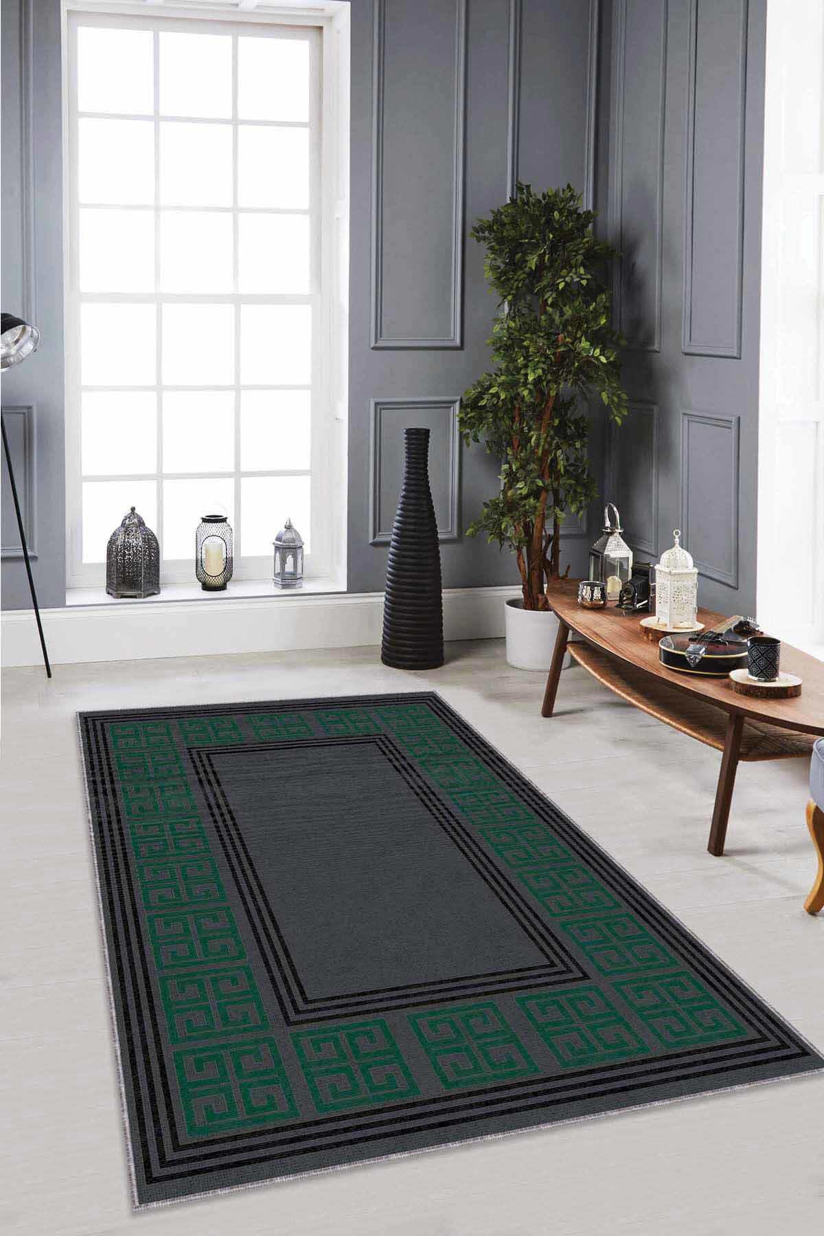 Viva Home RV036 Yeşil 7 mm Mikropolyester Yalıtıma Yardımcı Yıkanabilir İnce Kaymaz Taban Dikdörtgen Makine Dokuma Antre-Salon-Yatak Odası Halısı 100x300 cm