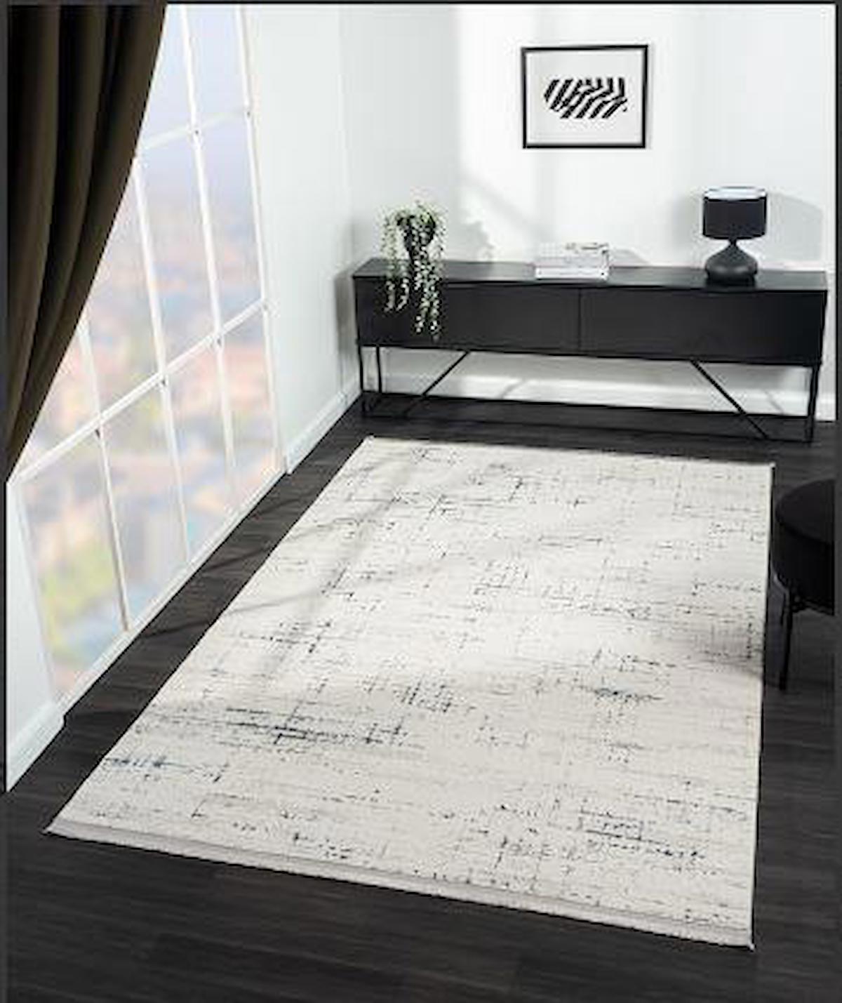 Çam Halı Crown FL004M Krem Lacivert 12 mm Akrilik Yıkanabilir Orta Dikdörtgen Makine Dokuma Salon Halısı 140x200 cm