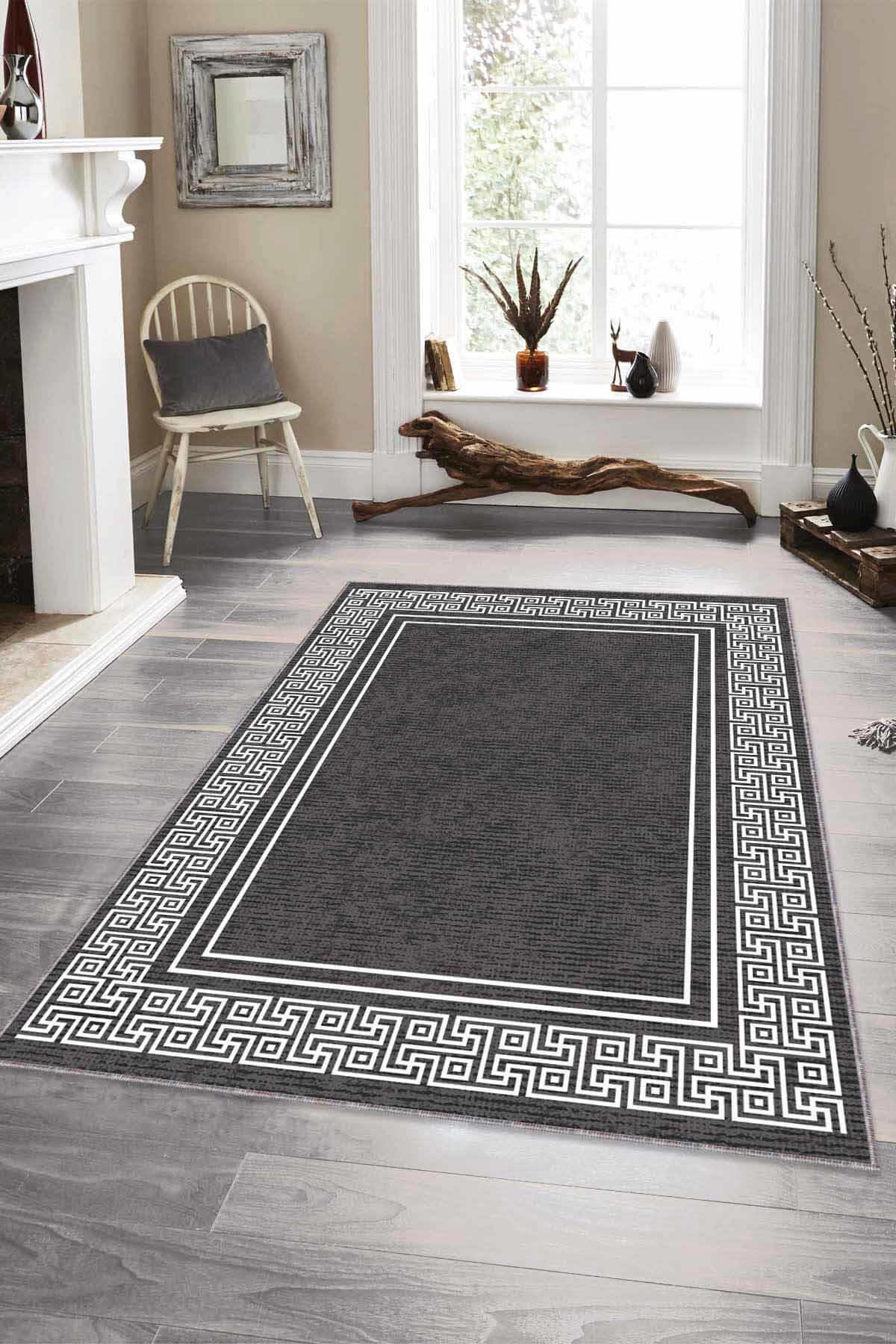 Viva Home RV043 Gri 7 mm Mikropolyester Toz Tutmaz Yıkanabilir İnce Kaymaz Dot Taban Dikdörtgen Makine Dokuma Salon Halısı 120x200 cm