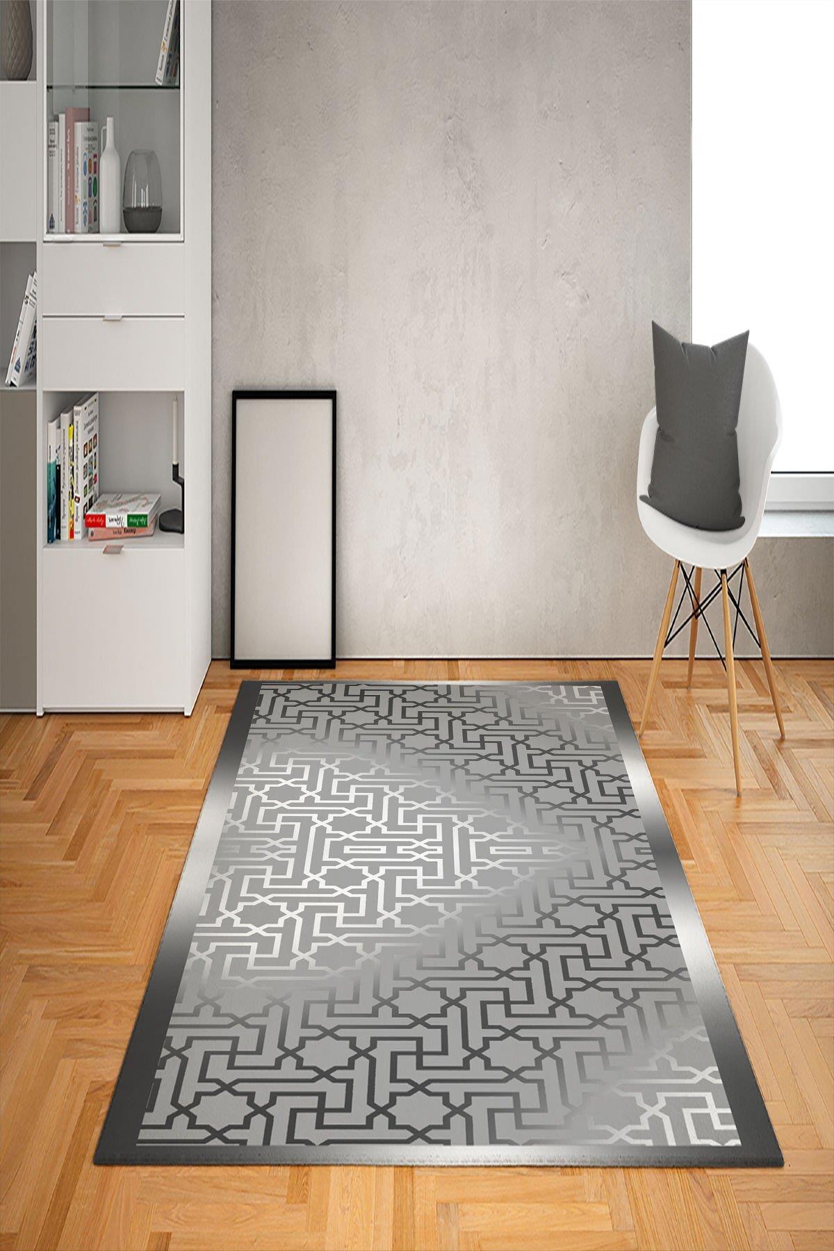 Doruklar Home Collection Gri 0.7 mm Polyester Antibakteriyel Yıkanabilir Kalın Kaymaz Taban Geometrik Dikdörtgen Makine Dokuma Salon Halısı 120x180 cm