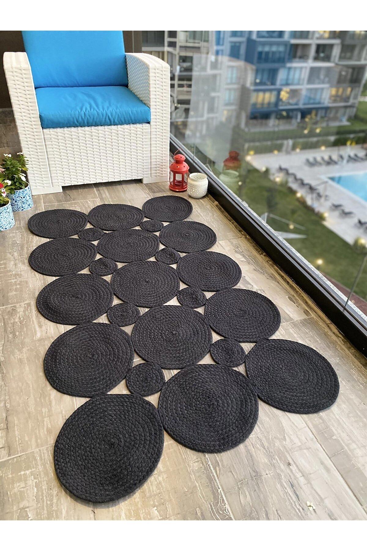 Evve Mall 6 Siyah 7 mm Pamuk Silinebilir Yıkanabilir Orta Kaymaz Taban Dikdörtgen Makine Dokuma Salon Halısı 80x500 cm