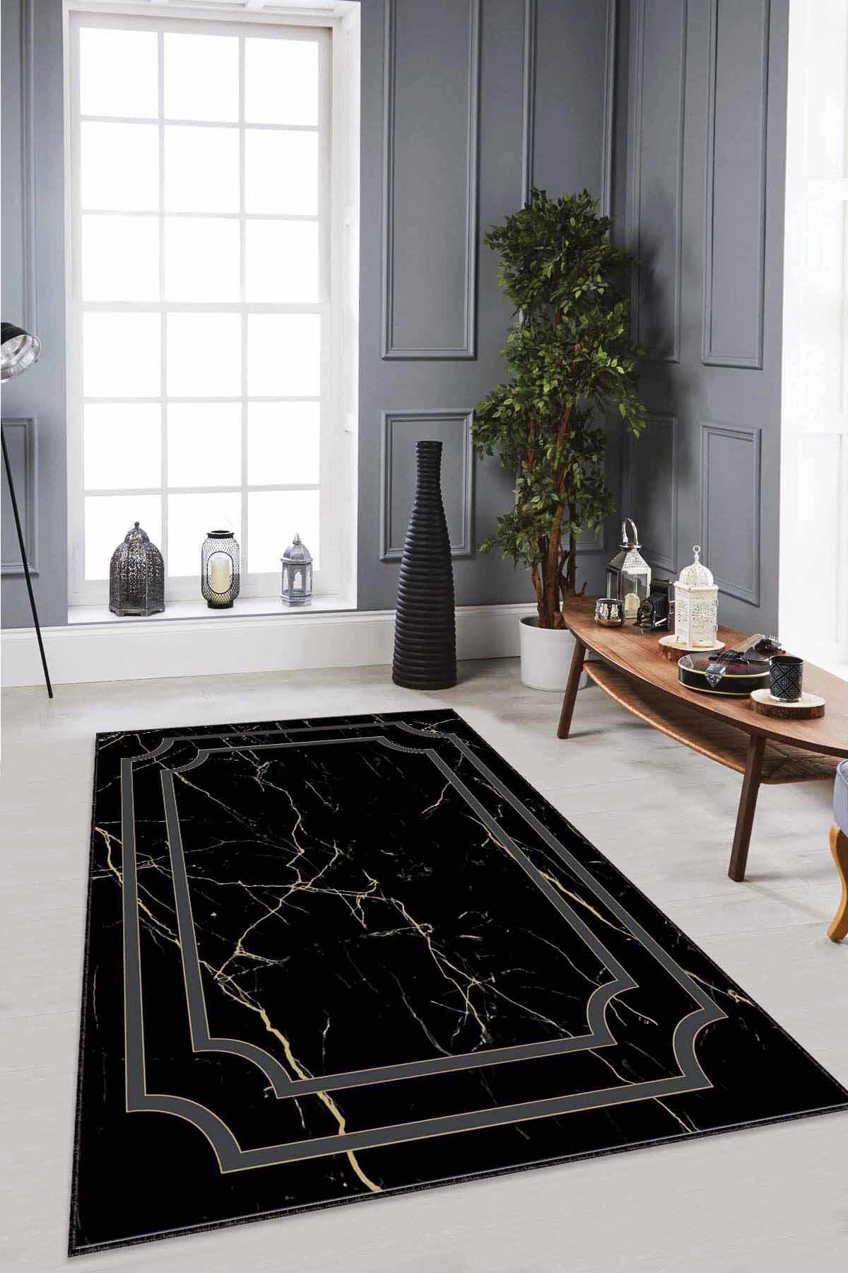 Viva Home RV064 Altın-Siyah 7 mm Mikropolyester Antibakteriyel Yıkanabilir Kalın Kaymaz Lateks Taban Dikdörtgen Makine Dokuma Salon Halısı 240x340 cm