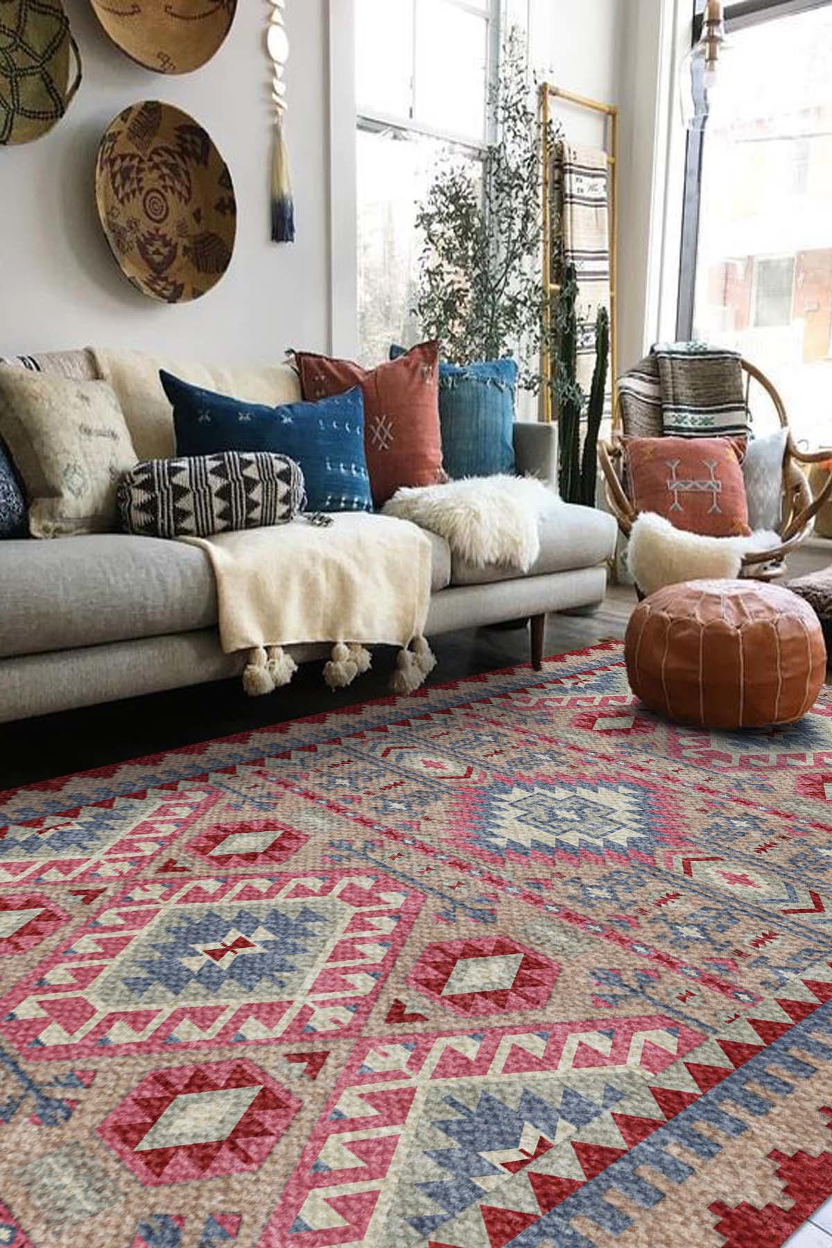 İlyaki Home Berenice Krem 0.8 mm Pamuk Antibakteriyel Yıkanabilir İnce Kaymaz Dot Taban Dikdörtgen Makine Dokuma Salon Halısı 140x220 cm