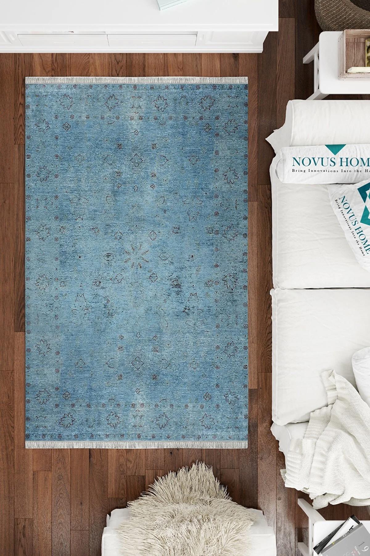 Novus Home Punto Serisi Mavi 7 mm Polyester Antibakteriyel-Toz Tutmaz-Yalıtıma Yardımcı Yıkanabilir İnce Kaymaz Taban Dikdörtgen Makine Dokuma Antre-Salon-Yatak Odası Halısı 160x230 cm