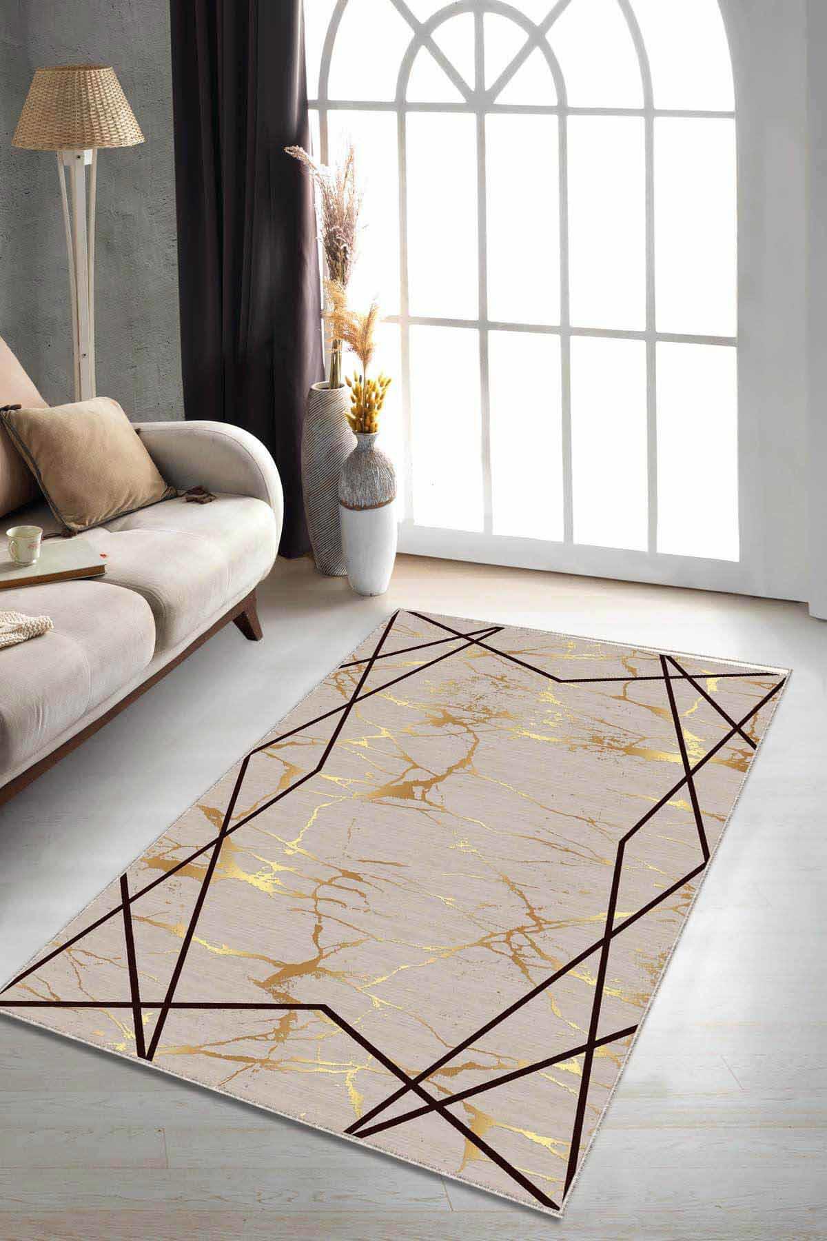 Viva Home AR174 Bej 7 mm Mikropolyester Leke Tutmaz Yıkanabilir İnce Kaymaz Dot Taban Dikdörtgen Makine Dokuma Salon Halısı 160x230 cm