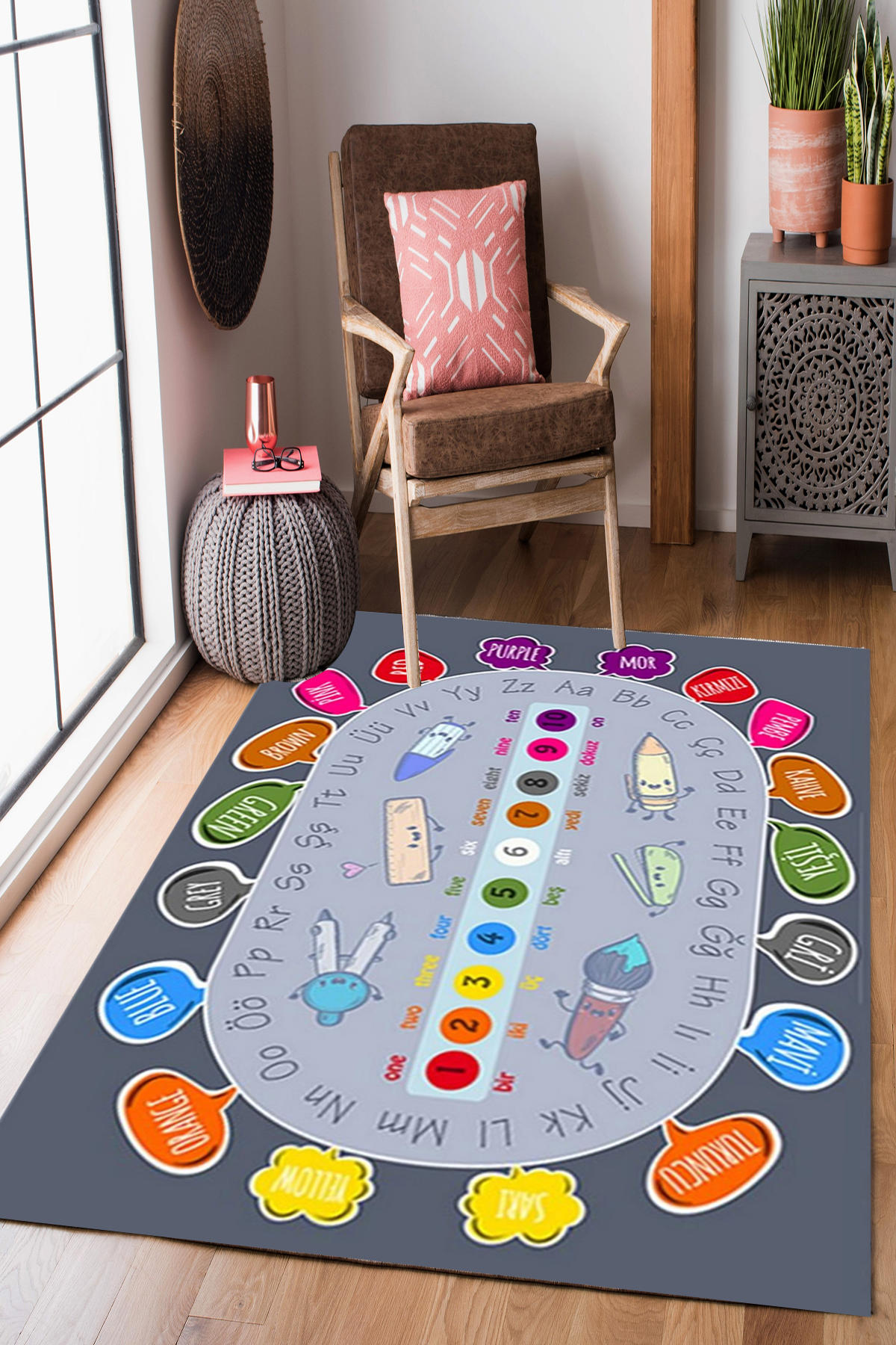 Homier Collection H-CK-10102A Gri 7 mm Pamuk Antibakteriyel Yıkanabilir Orta Kaymaz Dot Taban Dikdörtgen Makine Dokuma Çocuk Odası Halısı 120x180 cm