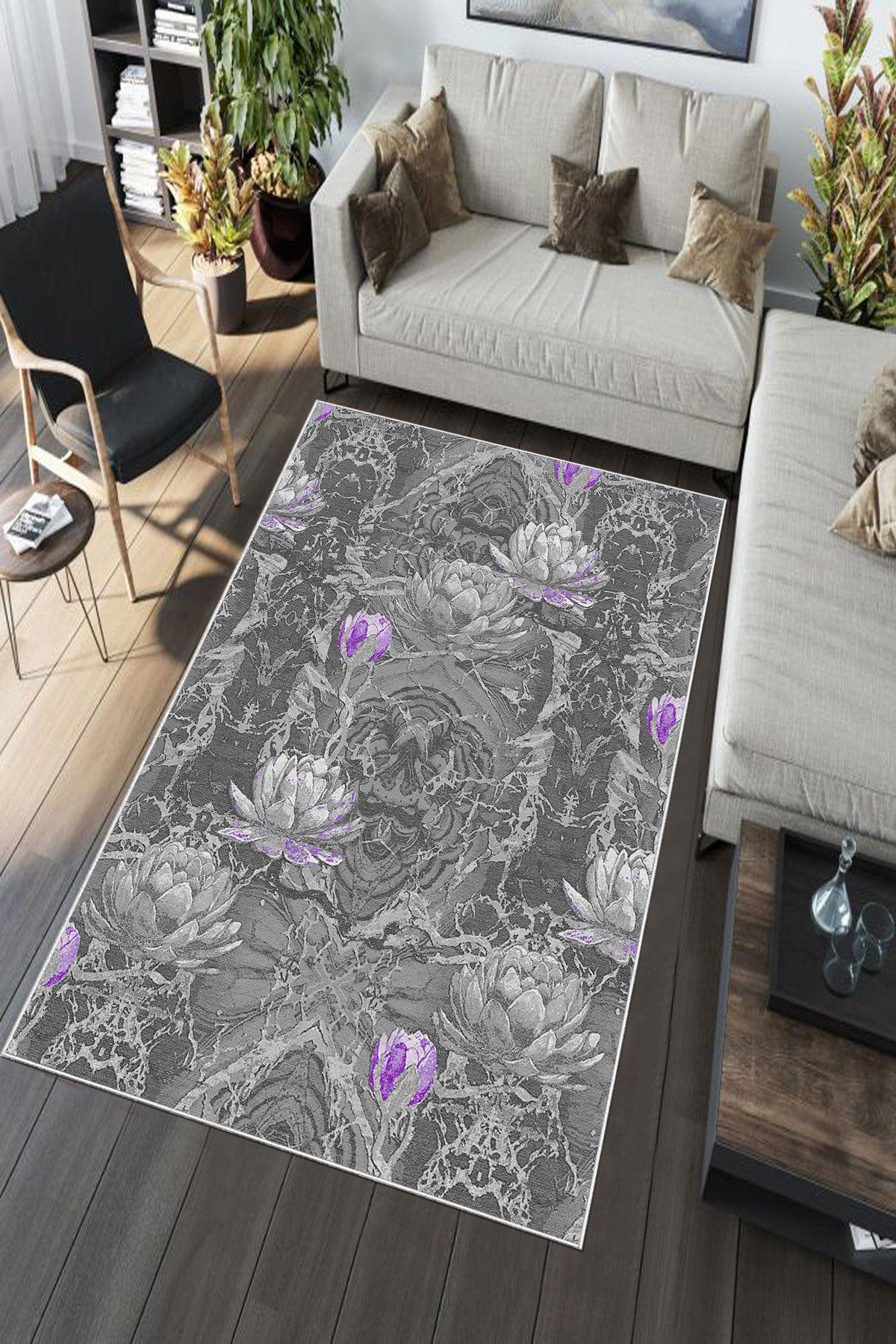 Aldora A137 Mor 9 mm Deri Antibakteriyel Yıkanabilir Kalın Kaymaz Pamuk Taban Dikdörtgen Makine Dokuma Salon Halısı 120x180 cm