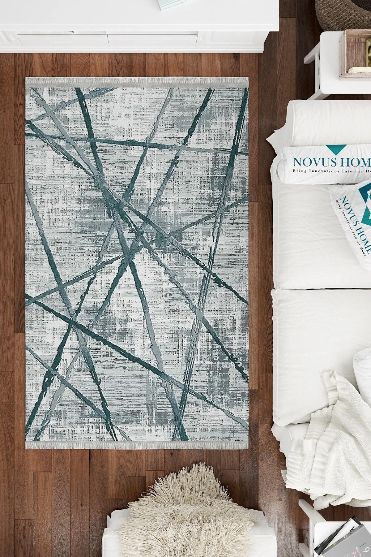 Novus Home Verona Serisi Ekru - Mavi 6 mm Polyester Antibakteriyel-Toz Tutmaz-Yalıtıma Yardımcı Yıkanabilir İnce Kaymaz Taban Dikdörtgen Makine Dokuma Antre-Salon-Yatak Odası Halısı 150x233 cm