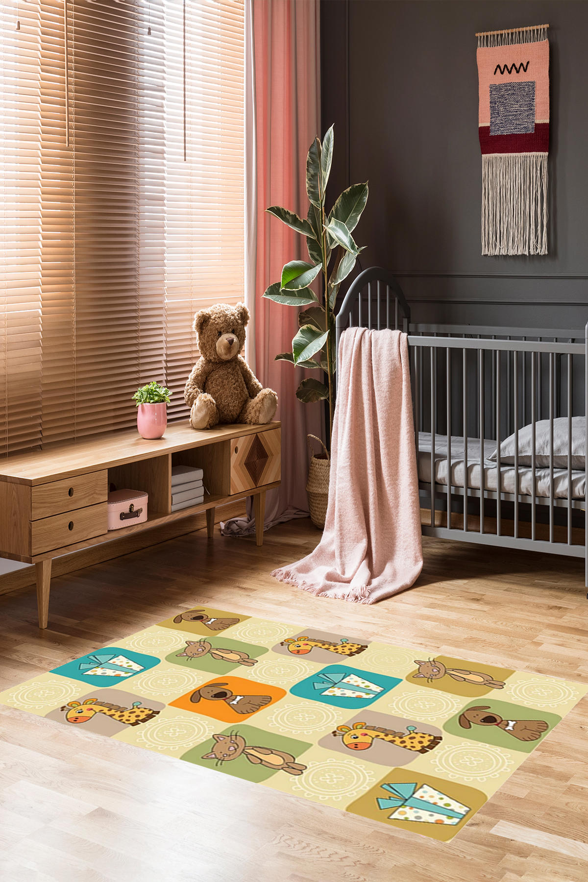 Homier Collection H-CK-10082A Krem 7 mm Pamuk Antibakteriyel Yıkanabilir Orta Kaymaz Dot Taban Dikdörtgen Makine Dokuma Çocuk Odası Halısı 100x300 cm