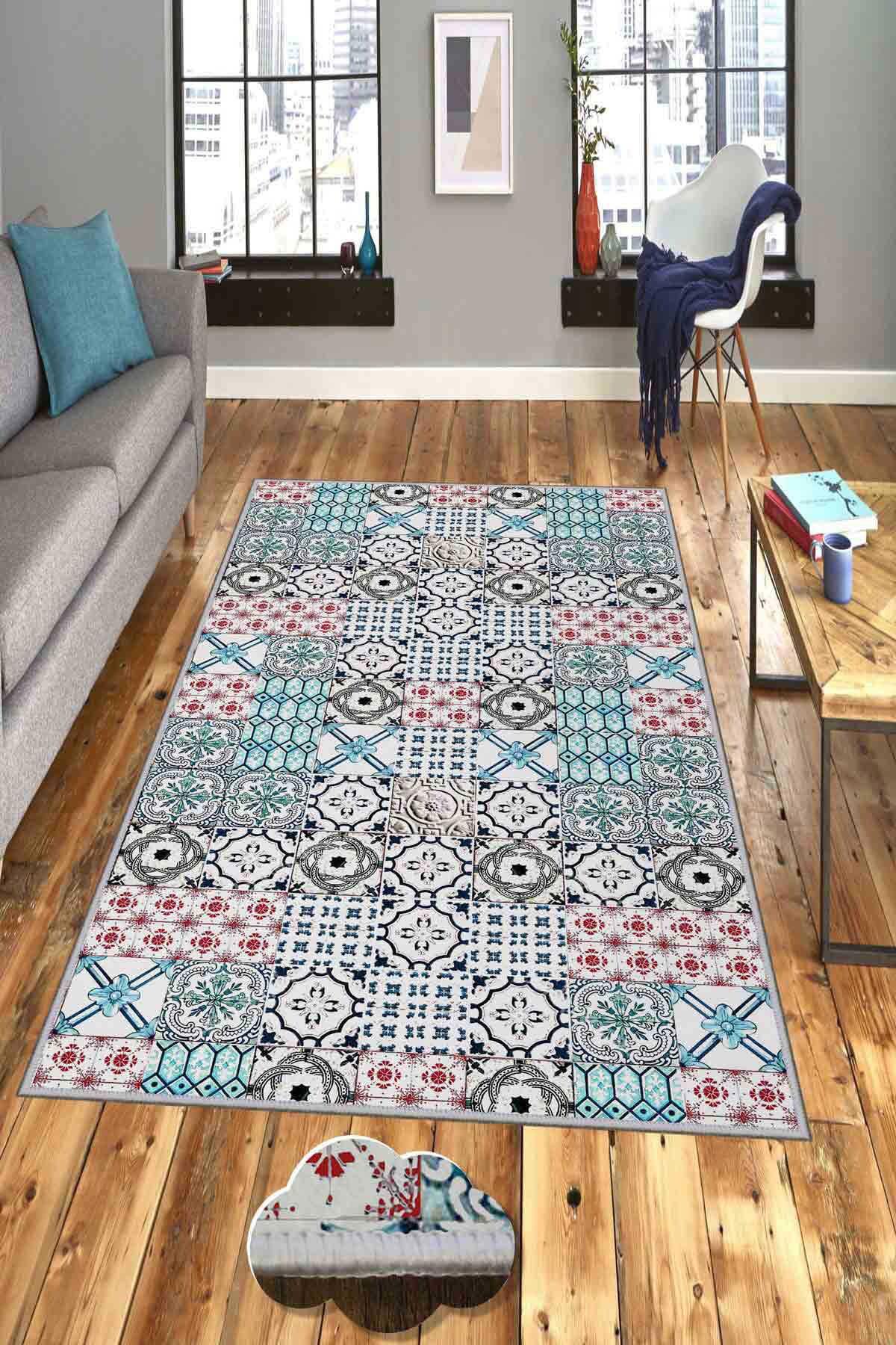 Homefesto Krem 5 mm Polyester Leke Tutmaz Yıkanabilir İnce Kaymaz Taban Geometrik Dikdörtgen Makine Dokuma Salon Halısı 60x100 cm
