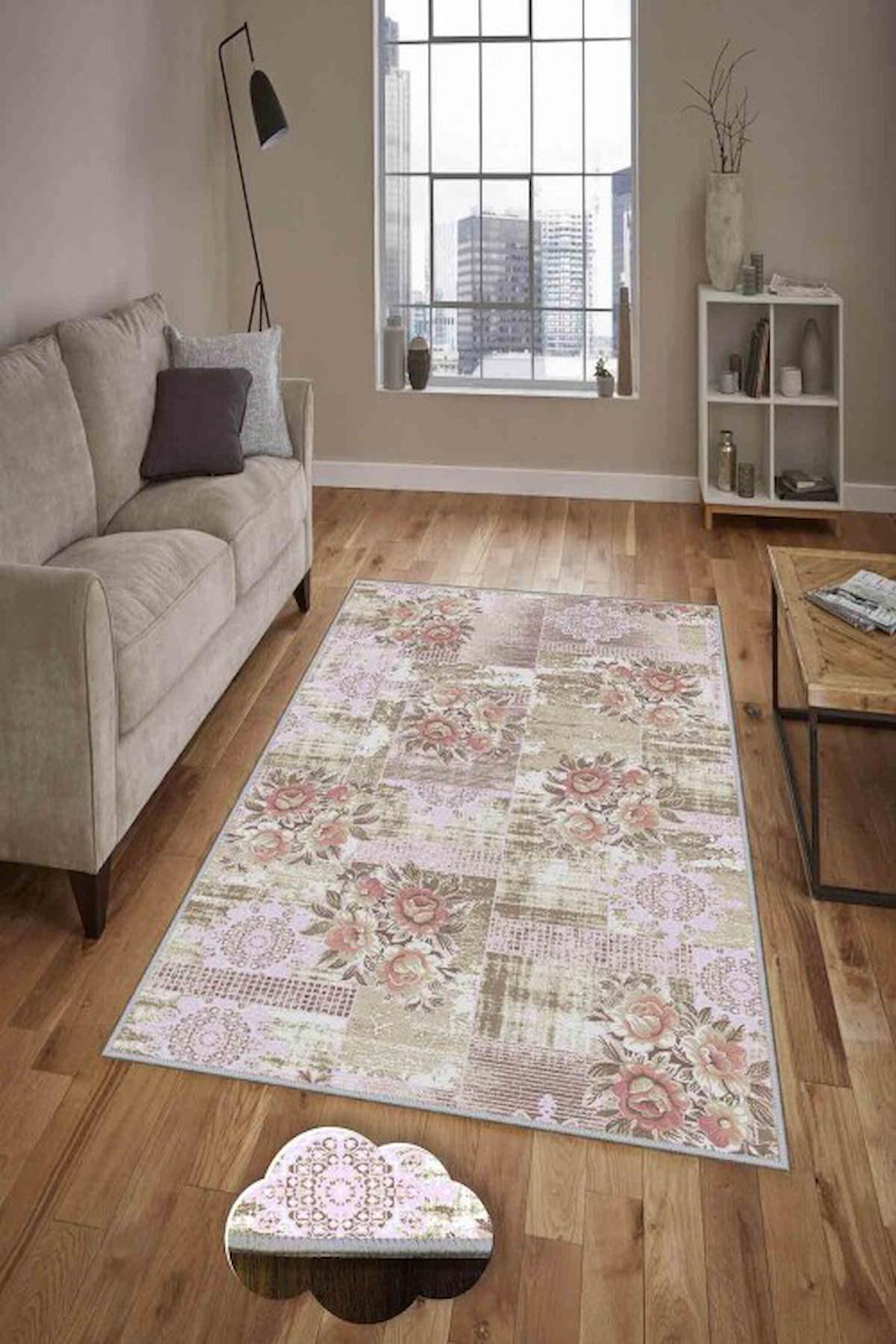 Homefesto Krem 5 mm Polyester Leke Tutmaz Yıkanabilir İnce Kaymaz Taban Çiçek Desenli Dikdörtgen Makine Dokuma Salon Halısı 120x180 cm