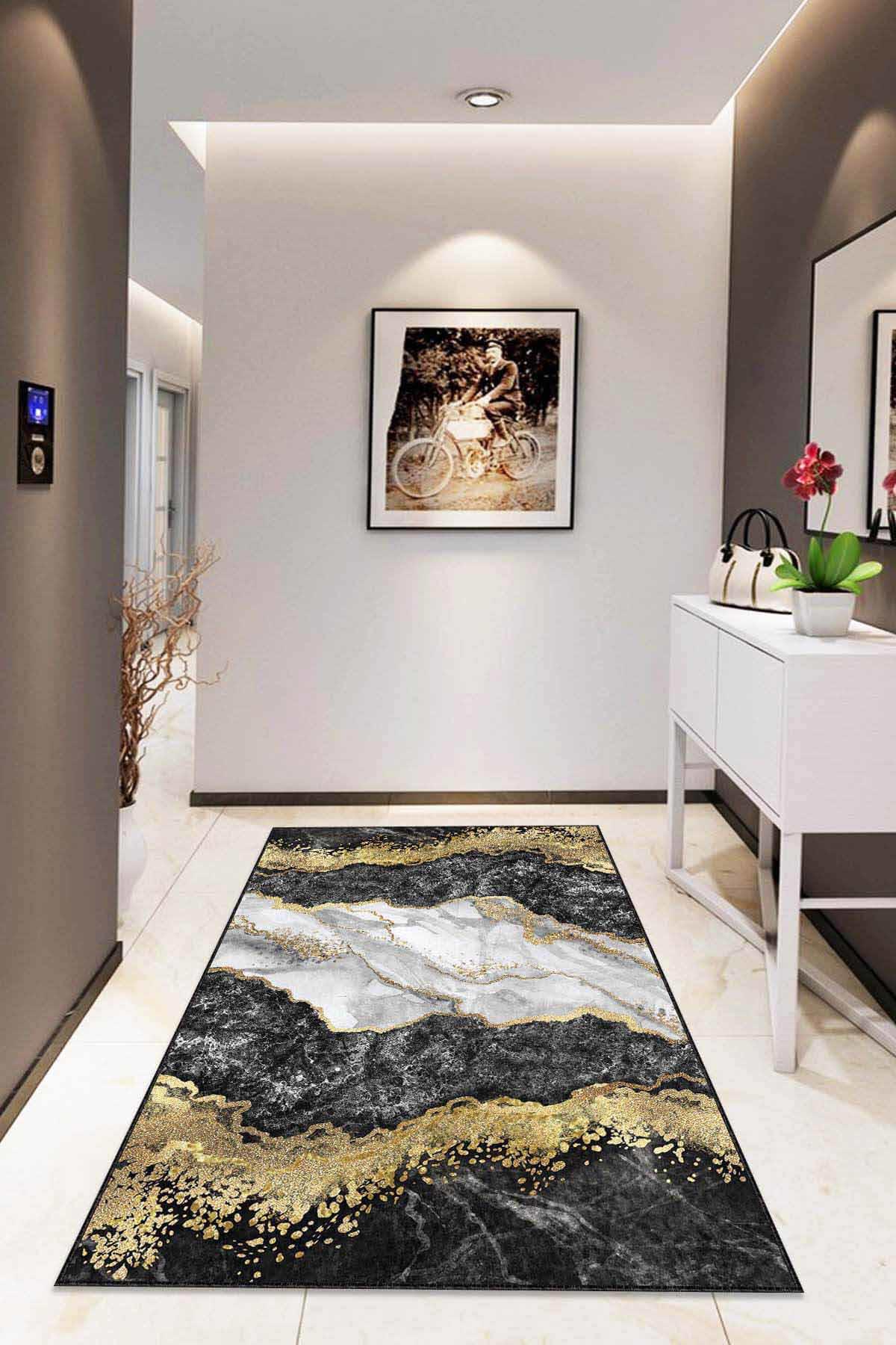 Viva Home RV113 Siyah 7 mm Mikropolyester Antibakteriyel Yıkanabilir İnce Kaymaz Lateks Taban Dikdörtgen Makine Dokuma Salon Halısı 100x300 cm