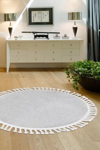 Dijidekor Gri 7 mm Polyester Antibakteriyel Yıkanabilir Kalın Kaymaz Dot Taban Yuvarlak Makine Dokuma Oturma Odası Halısı 100x300 cm