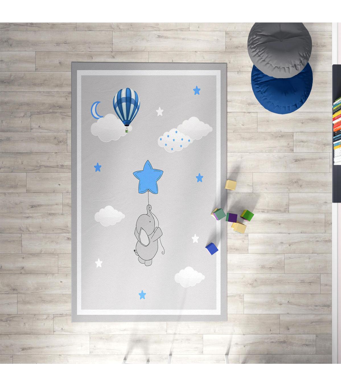 Chiron Baby Ceritti CRTT075 Gri 5 mm Pamuk-Polyester Antialerjenik Yıkanabilir İnce Kaymaz Taban Figürlü Dikdörtgen Makine Dokuma Çocuk Odası Halısı 200x300 cm