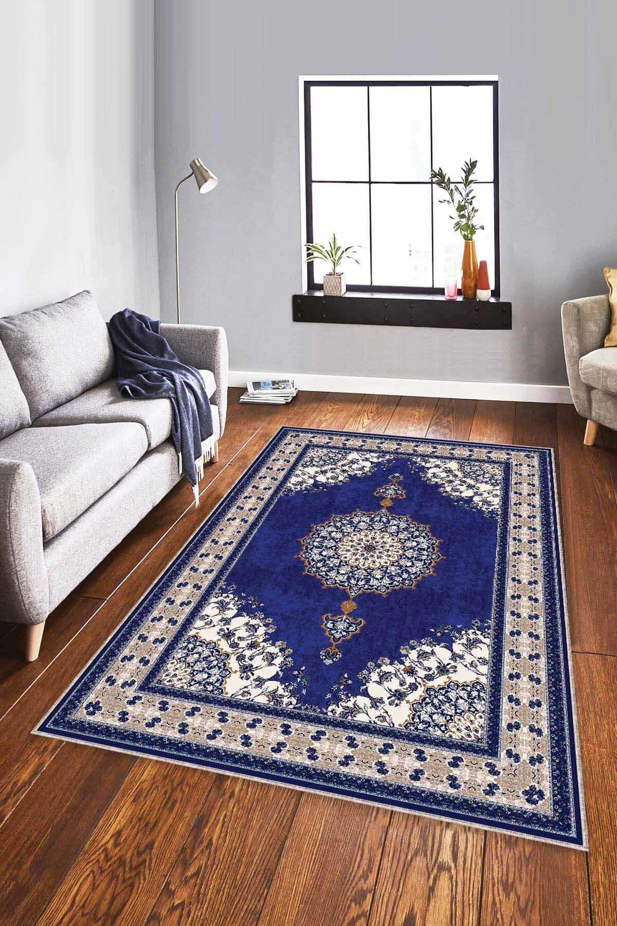Viva Home AR474 Lacivert 7 mm Mikropolyester Leke tutmaz Yıkanabilir İnce Kaymaz Dot Taban Dikdörtgen Makine Dokuma Salon Halısı 80x500 cm