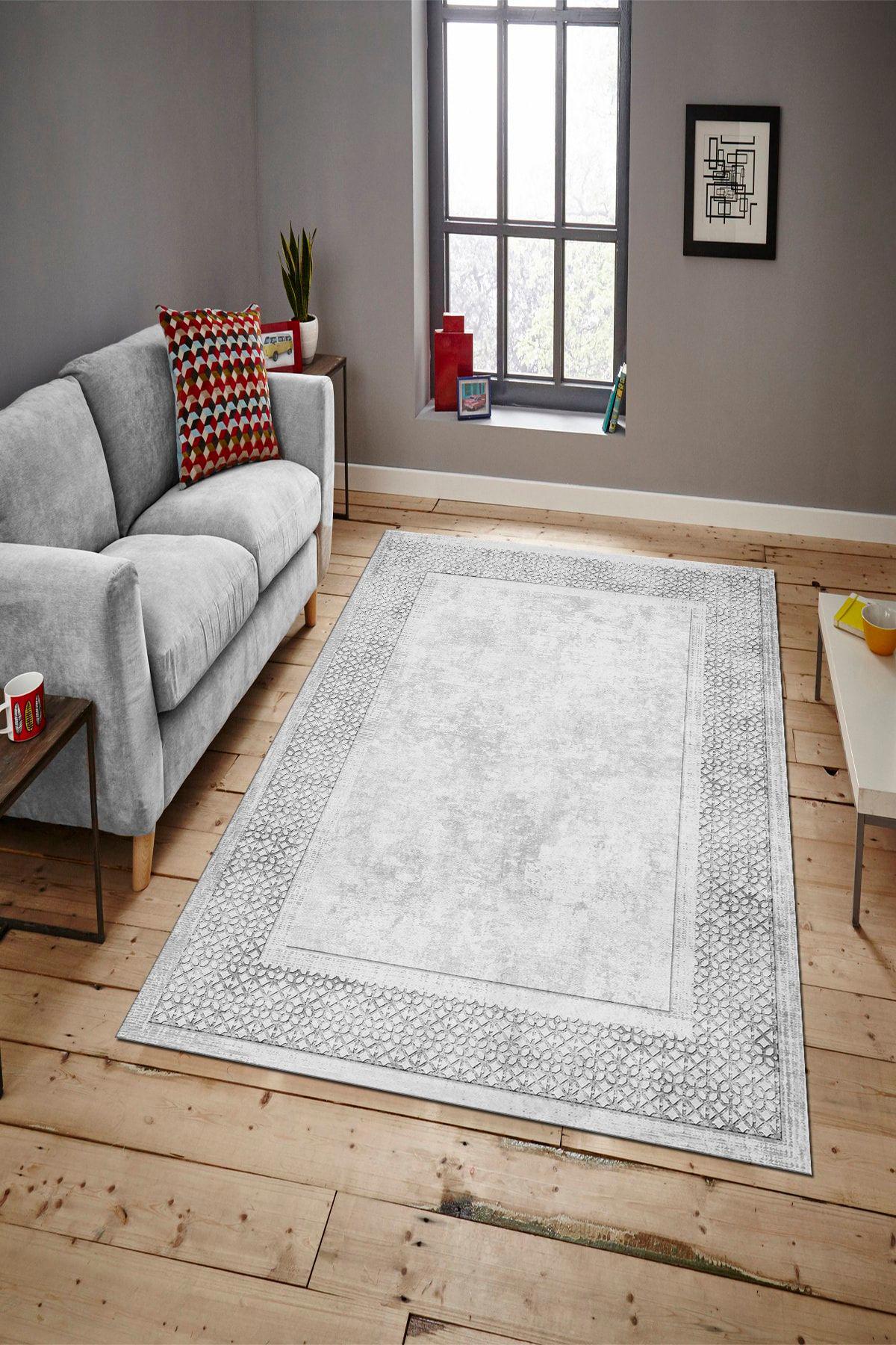 Aldora B1316 Gri 9 mm Deri Toz Tutmaz Yıkanabilir İnce Kaymaz Deri Taban Dikdörtgen Makine Dokuma Salon Halısı 120x120 cm