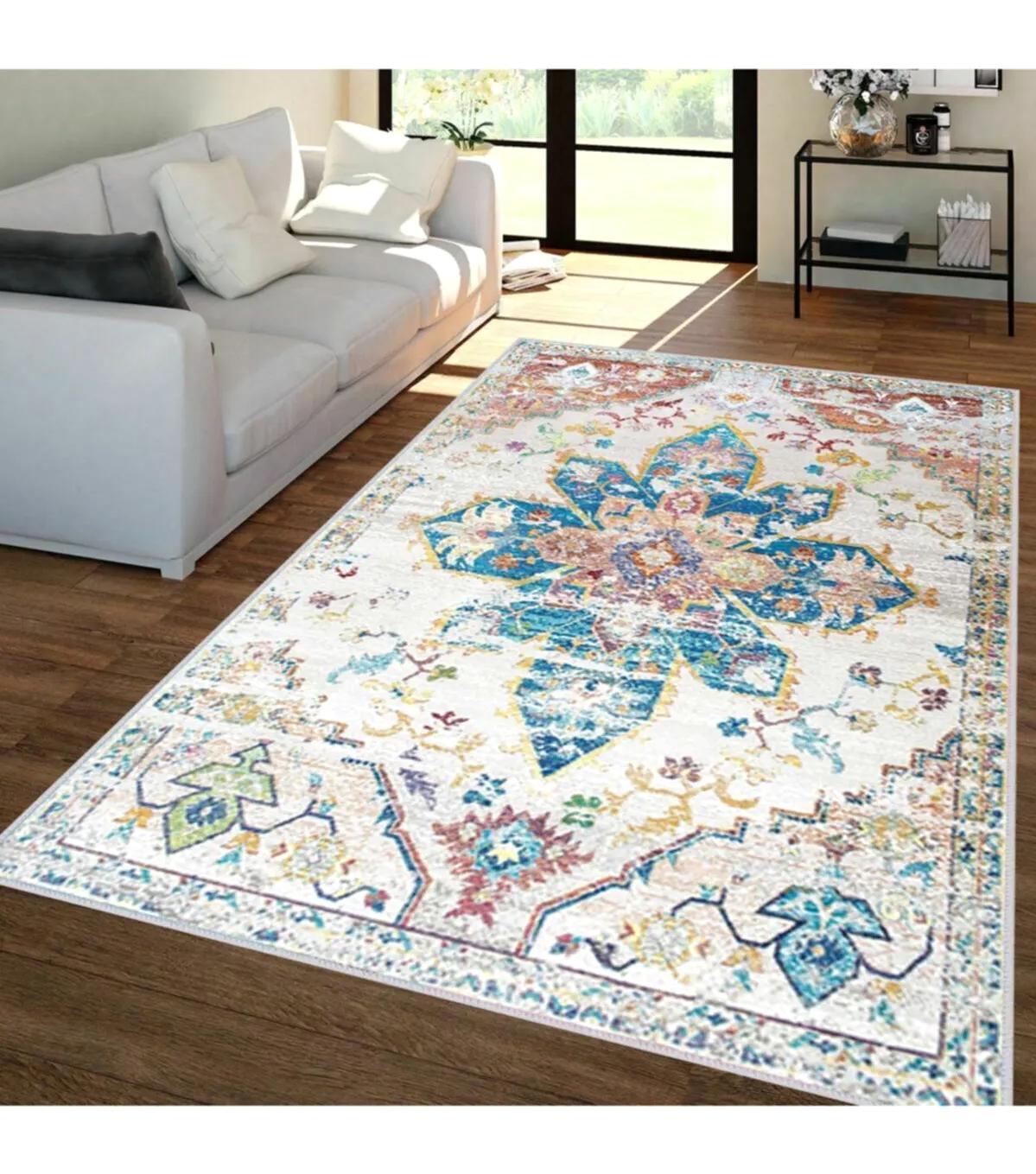 Rovigo Home RVG1396-HY1045 Bej - Mavi 8 mm Polyester Antibakteriyel-Leke Tutmaz-Toz Tutmaz Yıkanabilir İnce Kaymaz Dot Taban Dikdörtgen Makine Dokuma Salon Halısı 100x300 cm