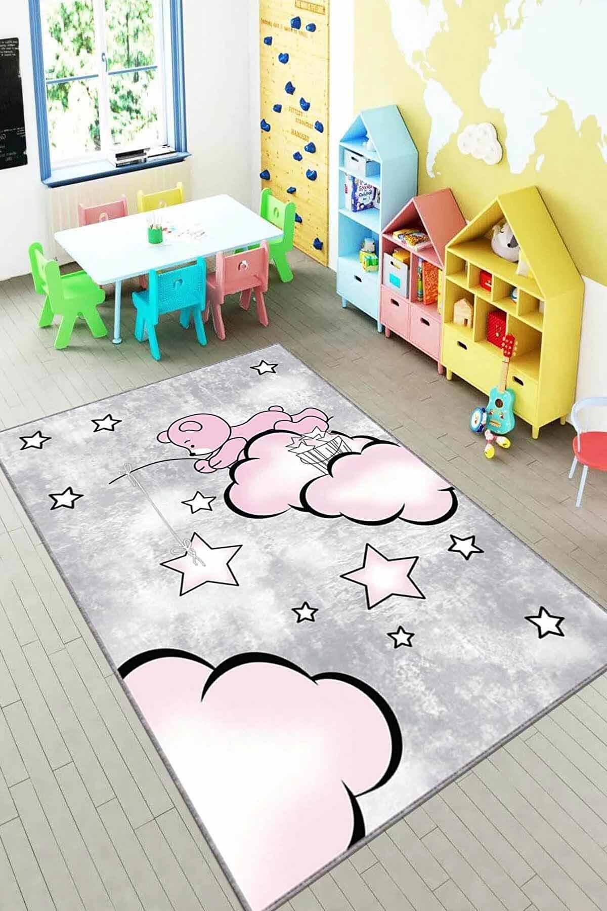 Viva Home KD023 Pembe 7 mm Mikropolyester Leke Tutmaz Yıkanabilir İnce Kaymaz Dot Taban Dikdörtgen Makine Dokuma Çocuk Odası Halısı 120x180 cm