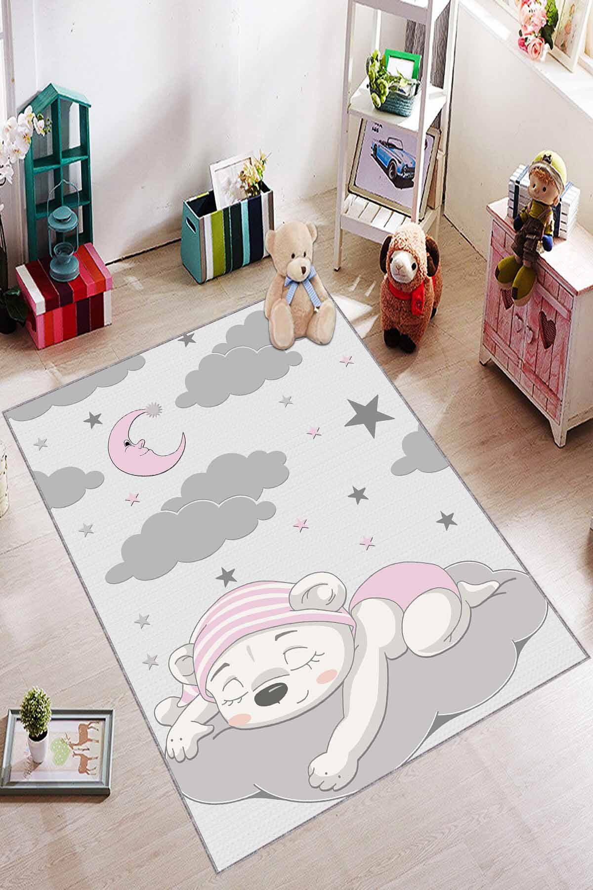 Viva Home AR356 Pembe 7 mm Mikropolyester Leke Tutmaz Yıkanabilir İnce Kaymaz Dot Taban Dikdörtgen Makine Dokuma Çocuk Odası Halısı 100x200 cm