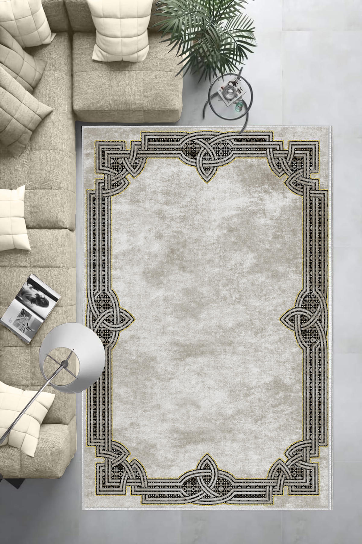 Aldora Altın-Bej 0.8 mm Polipropilen Antibakteriyel Yıkanabilir Orta Kaymaz Deri Taban Dikdörtgen Makine Dokuma Salon Halısı 80x140 cm