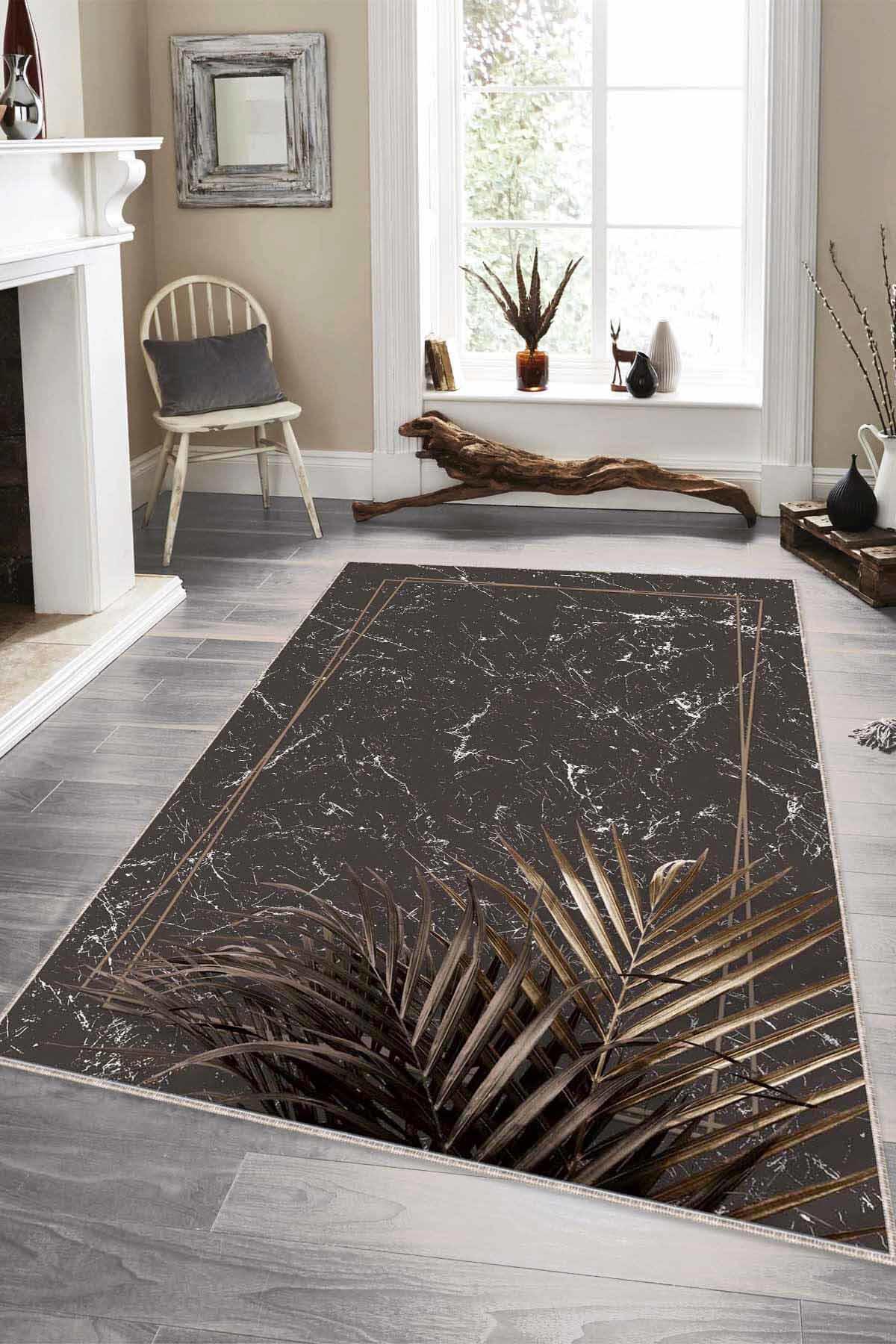 Viva Home RV187 Kahverengi 7 mm Mikropolyester Antibakteriyel Yıkanabilir İnce Kaymaz Taban Dikdörtgen Makine Dokuma Halı 120x350 cm