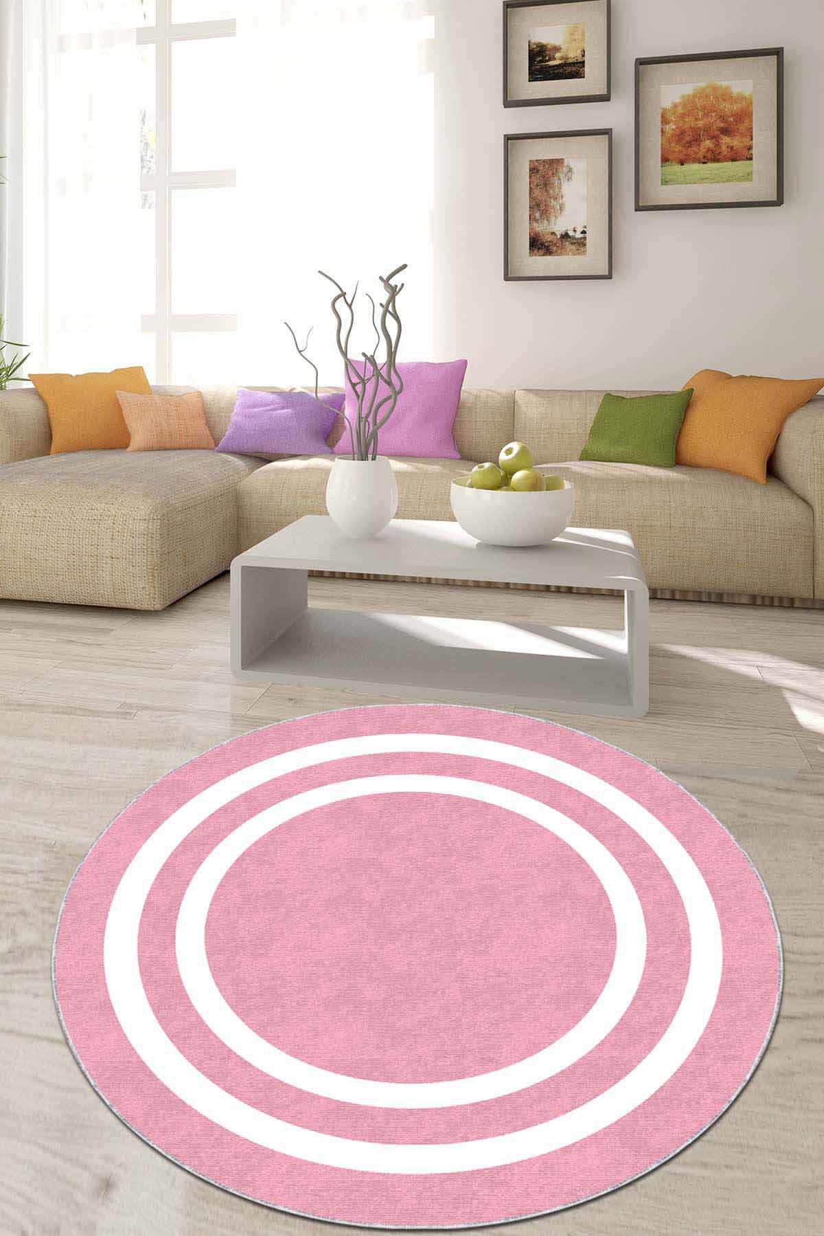 Viva Home AR520 Pembe 7 mm Mikropolyester Leke Tutmaz Yıkanabilir İnce Kaymaz Dot Taban Yuvarlak Makine Dokuma Salon Halısı 100x200 cm