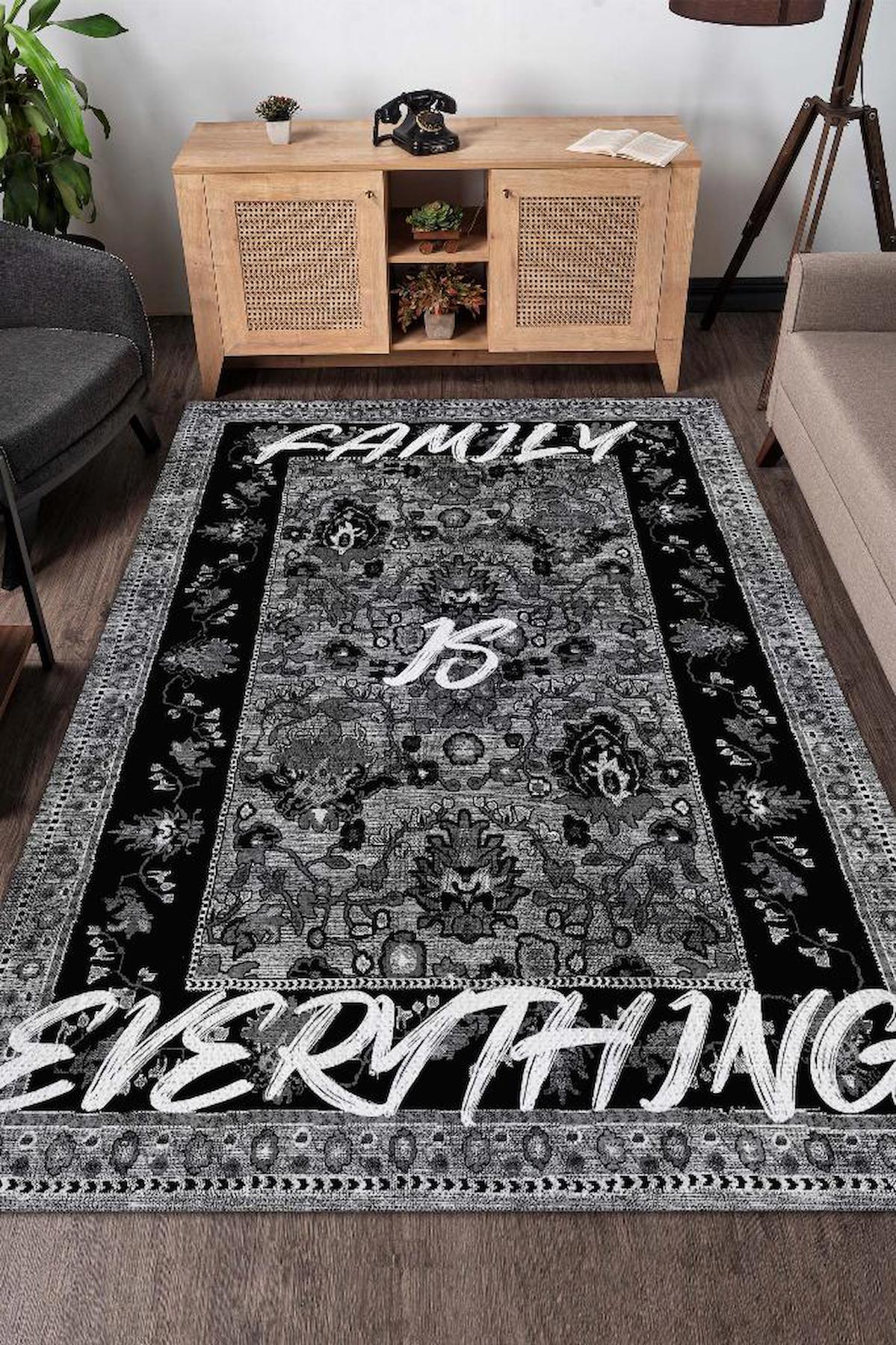Homshtag Aile Her Şeydir Gri-Siyah 4 mm Pamuk Antistatik Yıkanabilir İnce Kaymaz Dikdörtgen Makine Dokuma Salon Halısı 60x100 cm