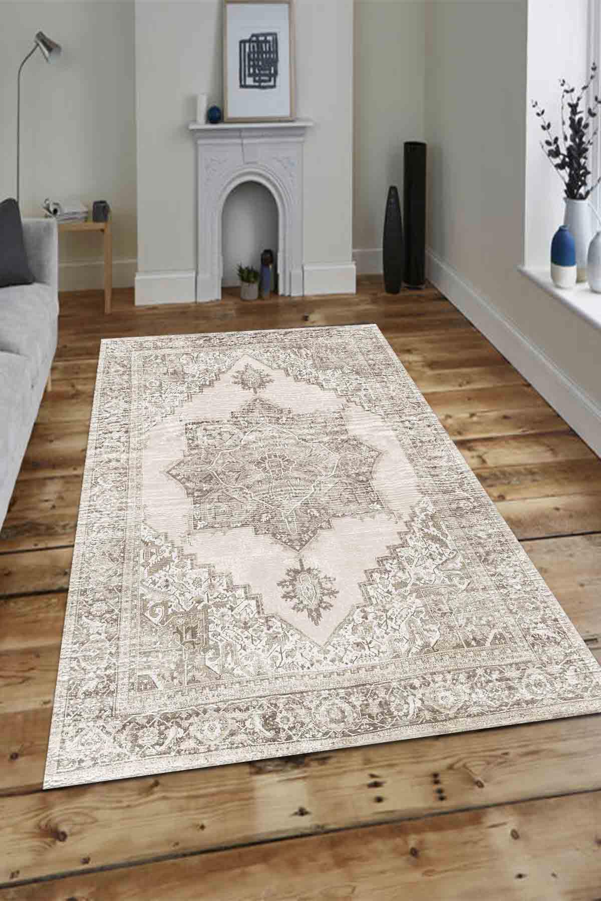 Aida Home Pargax Krem 0.5 mm Pamuk Antibakteriyel Yıkanabilir İnce Kaymaz Şönil Taban Dikdörtgen Makine Dokuma Salon Halısı 80x120 cm