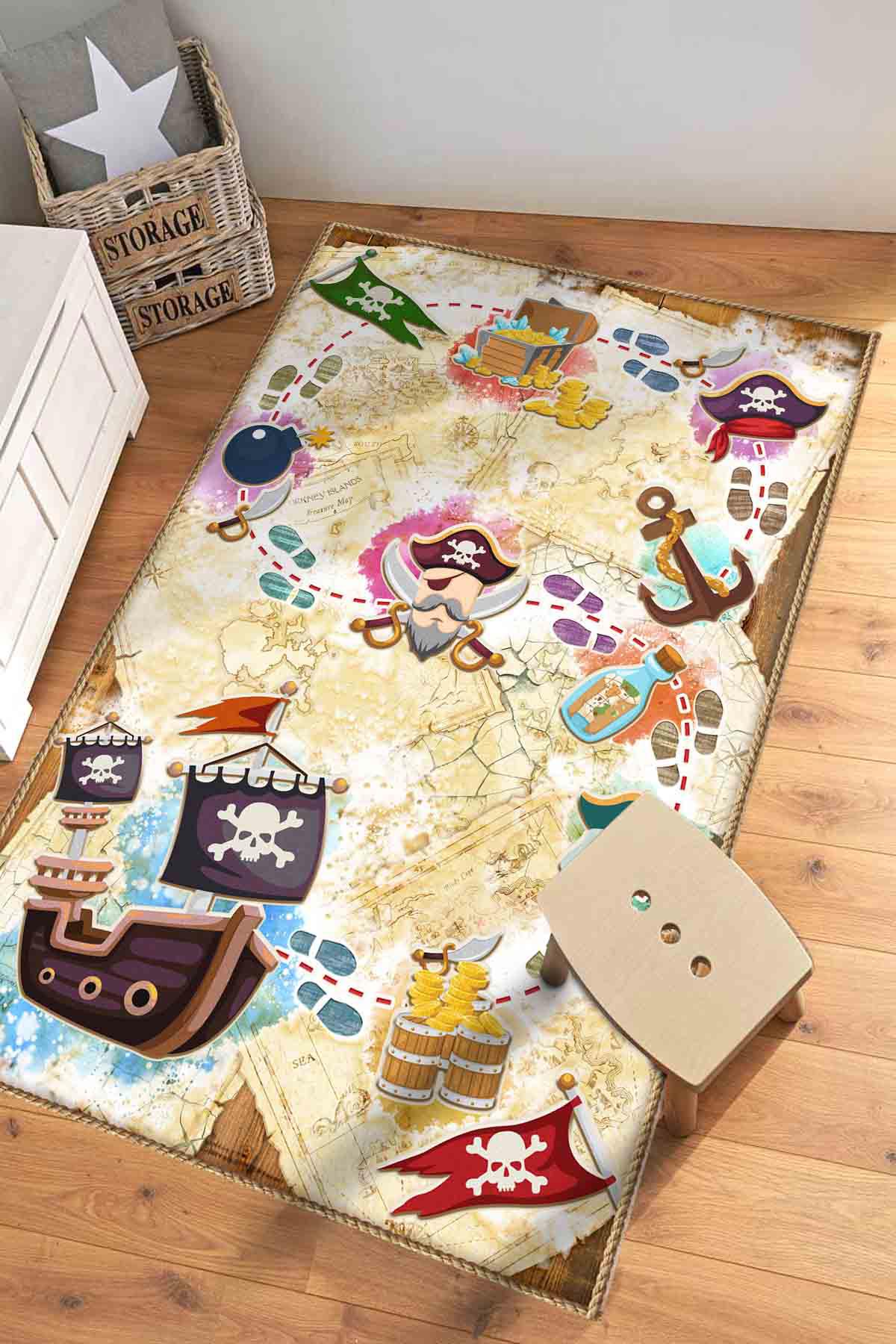 Latte Dizayn Jesse Krem 0.5 mm Pamuk Antibakteriyel Yıkanabilir İnce Kaymaz Pamuk Taban Dikdörtgen Makine Dokuma Çocuk Odası Halısı 60x90 cm
