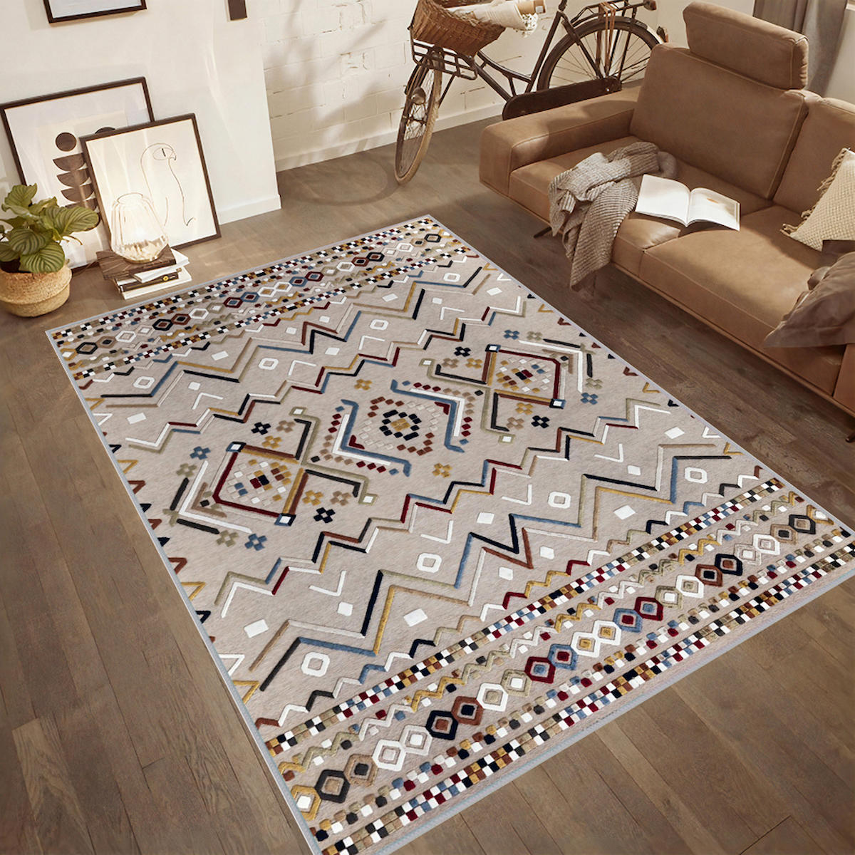 Rovigo Home RVG0557 Çok Renkli 8 mm Polyester Leke Tutmaz-Toz Tutmaz Yıkanabilir İnce Kaymaz Dot Taban Dikdörtgen Makine Dokuma Salon Halısı 100x300 cm