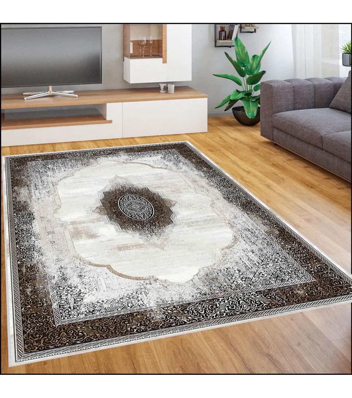 Rovigo Home RVG0443 Beyaz-Gri 8 mm Polyester Antibakteriyel-Leke Tutmaz-Toz Tutmaz Yıkanabilir İnce Kaymaz Dot Taban Dikdörtgen Makine Dokuma Salon Halısı 160x230 cm