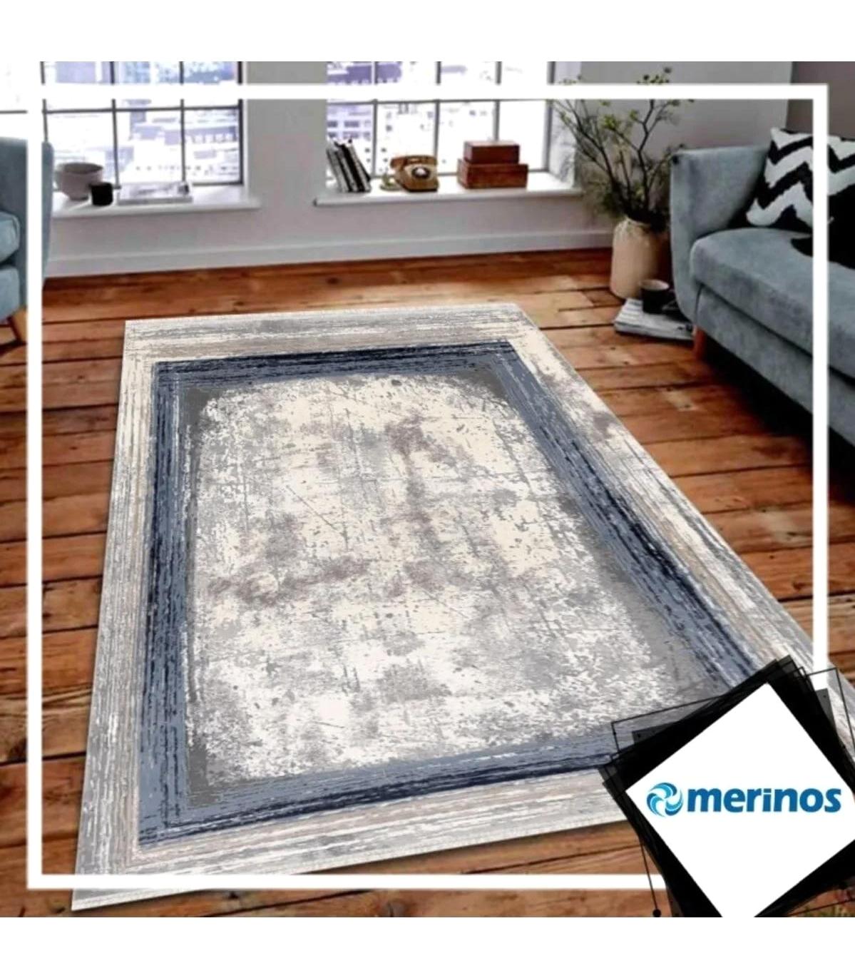 Merinos  Therapy 34665 Bej - Mavi 0.7 mm Pamuk Yıkanabilir İnce Kaymaz Jüt Taban Dikdörtgen Makine Dokuma Salon Halısı 160x230 cm