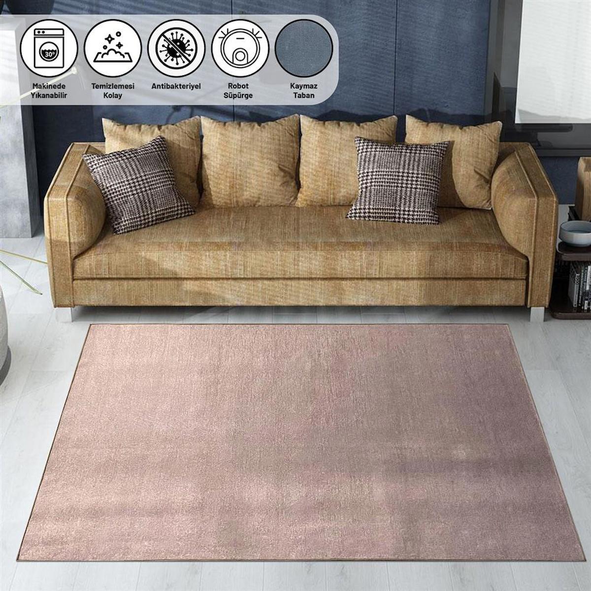 Carpettex Pembe 8 mm Şönil Yıkanabilir İnce Kaymaz Taban Dikdörtgen Makine Dokuma Salon Halısı 120x120 cm