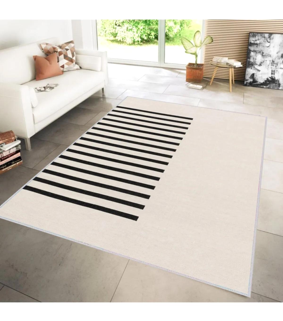 Rovigo Home RVG1206 Krem 8 mm Polyester Antibakteriyel-Leke Tutmaz-Toz Tutmaz Yıkanabilir İnce Kaymaz Dot Taban Dikdörtgen Makine Dokuma Salon Halısı 80x150 cm
