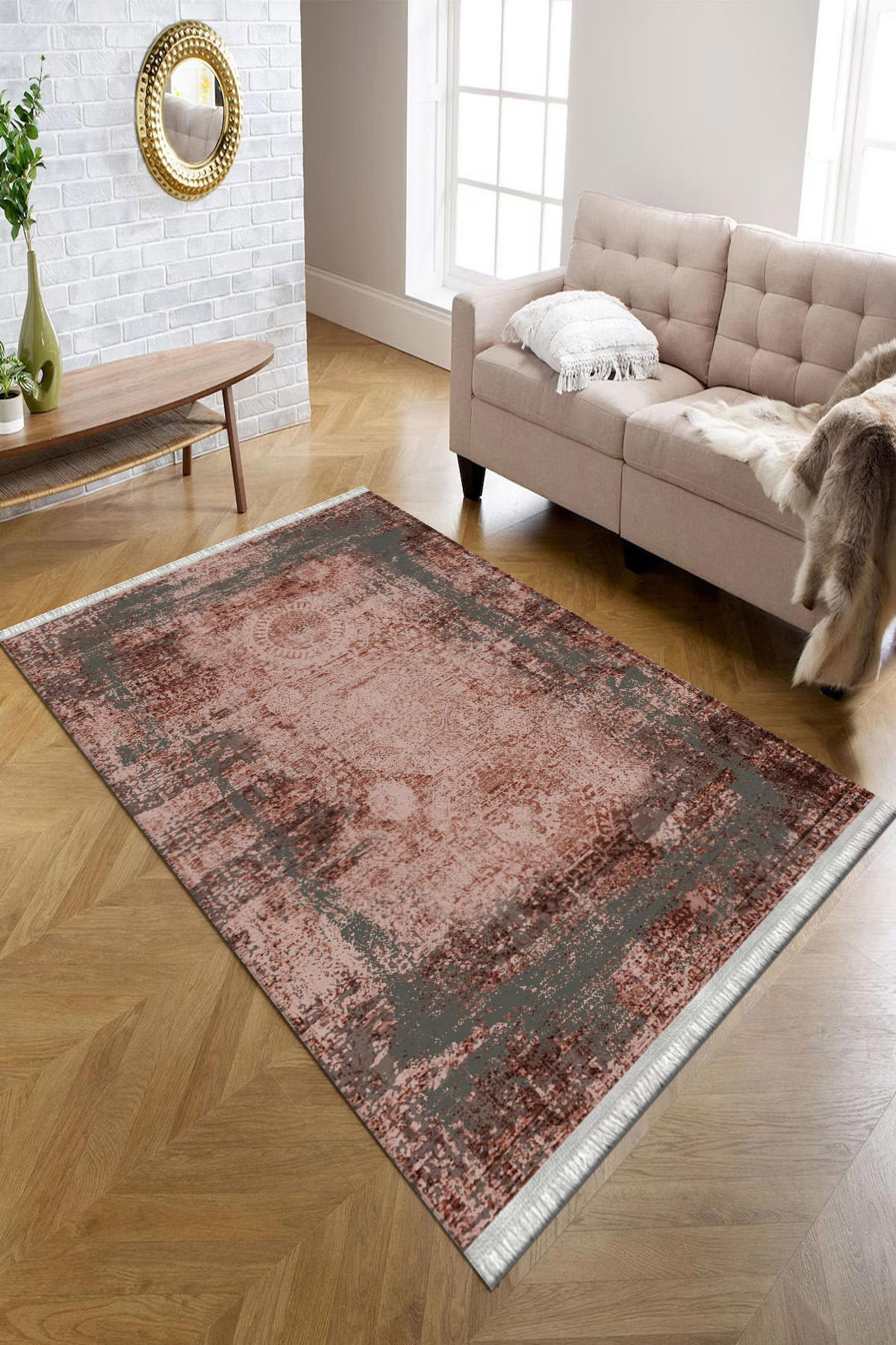 Kreatif Halı Pembe 4 mm Polyester Toz tutmaz Yıkanabilir İnce Kaymaz Dikdörtgen Makine Dokuma Salon Halısı 120x180 cm