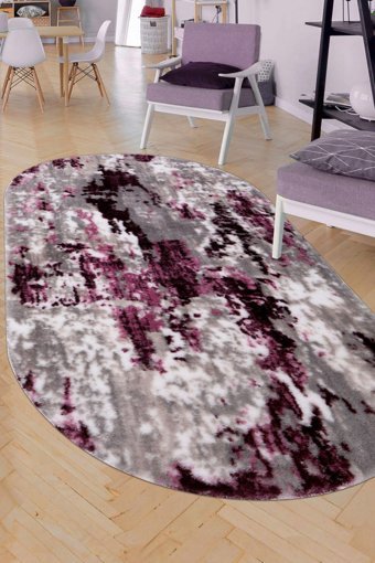 Dijidekor Mor 20 mm Peluş Antibakteriyel Yıkanabilir Kalın Kaymaz Dot Taban Oval Makine Dokuma Oturma Odası Halısı 80x150 cm