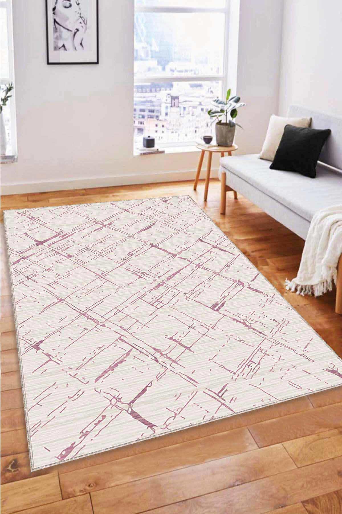 Viva Home CZ04 Pembe 7 mm Mikropolyester Leke Tutmaz Yıkanabilir İnce Kaymaz Dot Taban Dikdörtgen Makine Dokuma Salon Halısı 120x180 cm