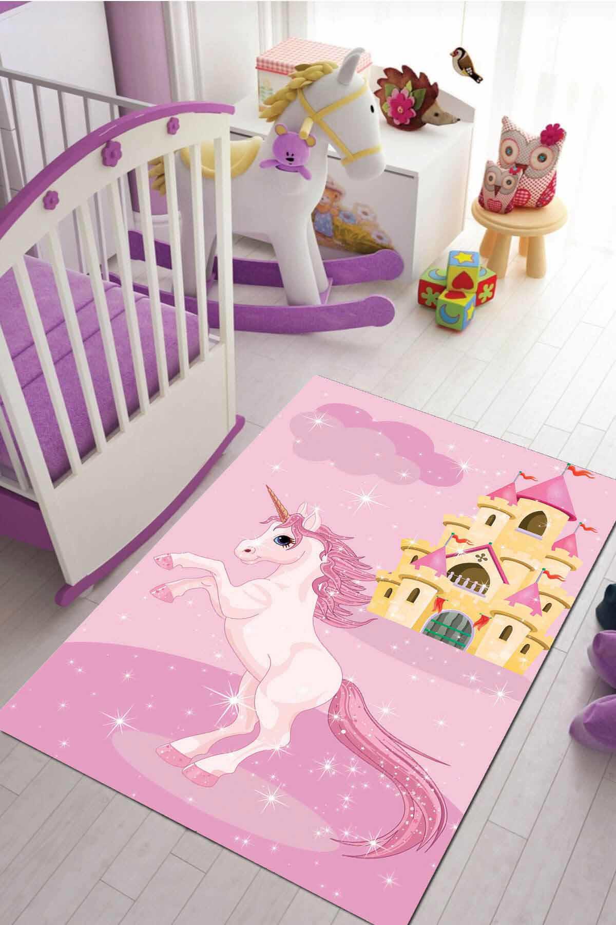 Viva Home KD123 Pembe 7 mm Mikropolyester Leke Tutmaz Yıkanabilir İnce Kaymaz Dot Taban Dikdörtgen Makine Dokuma Çocuk Odası Halısı 100x200 cm