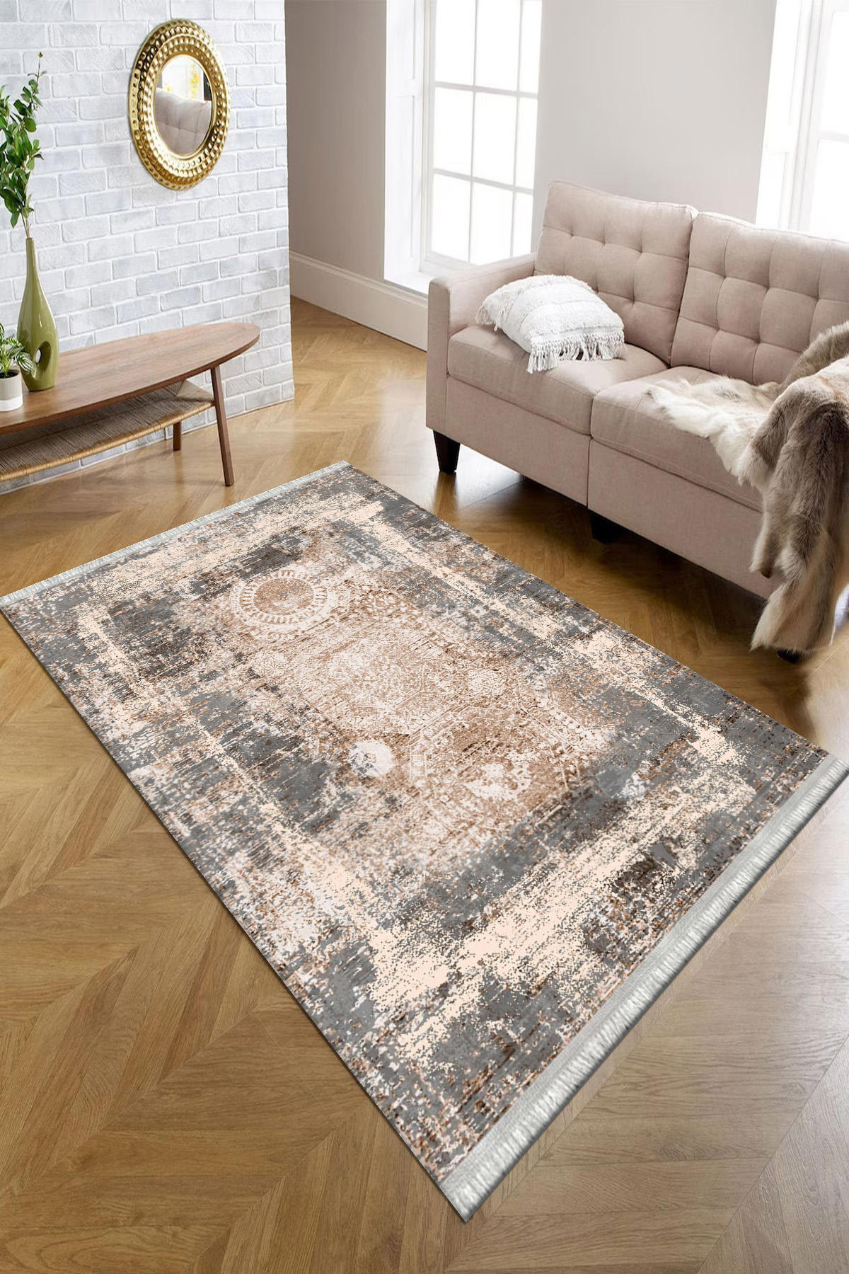 Kreatif Halı Krem 4 mm Polyester Antibakteriyel Yıkanabilir İnce Kaymaz Kare Makine Dokuma Salon Halısı 80x150 cm