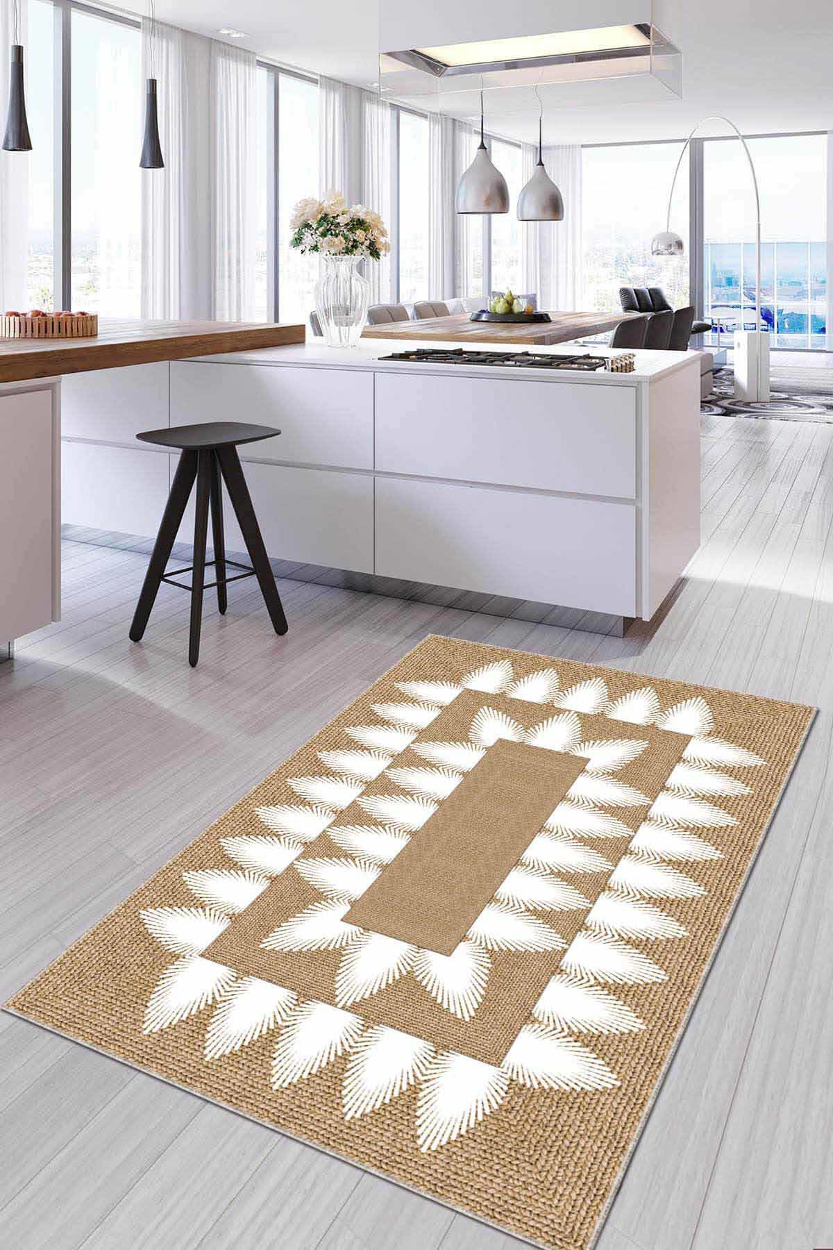 Viva Home AR1078 Bej 7 mm Mikropolyester Leke Tutmaz Yıkanabilir İnce Kaymaz Dot Taban Dikdörtgen Makine Dokuma Salon Halısı 80x300 cm